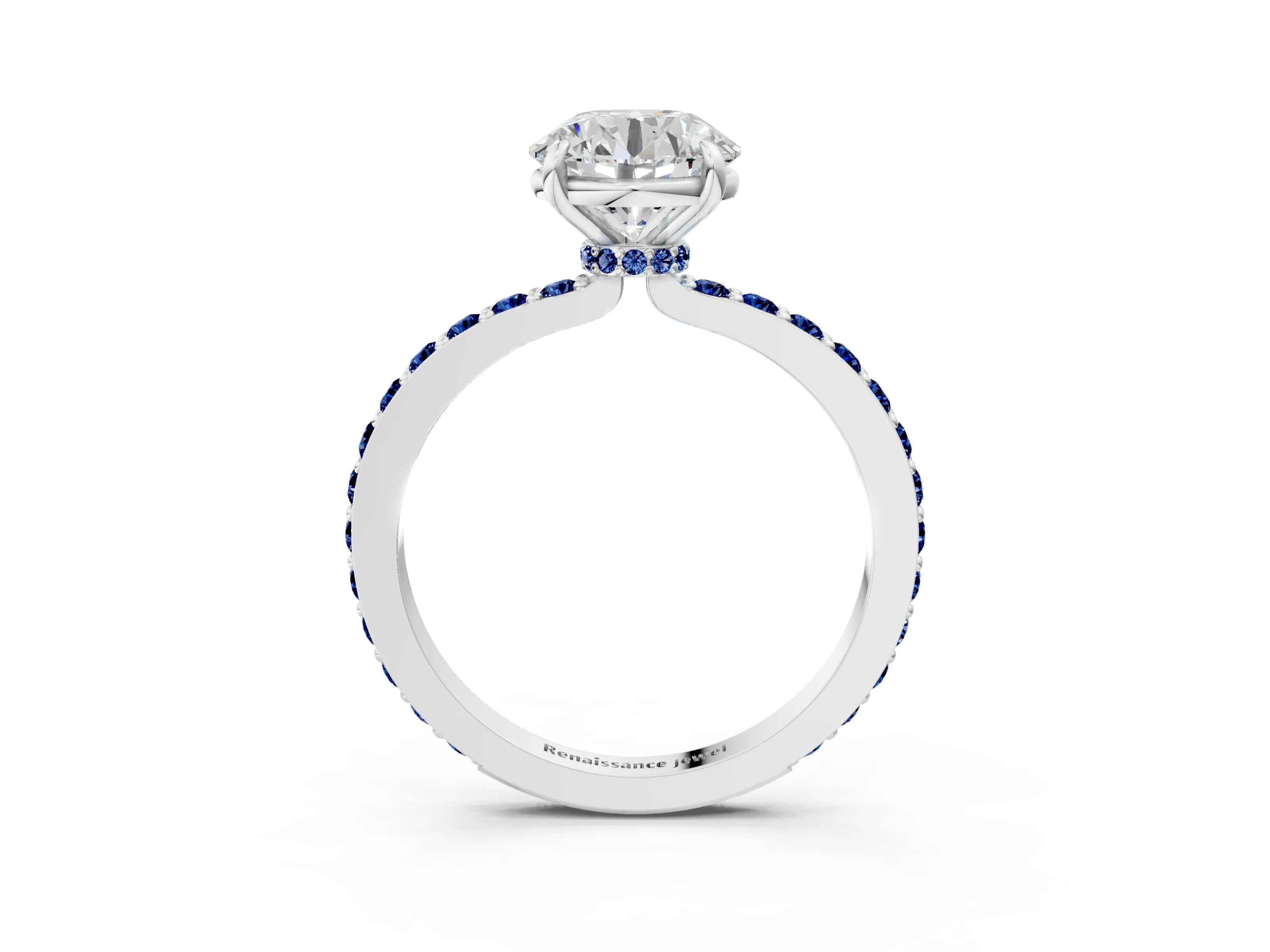 White gold Round Cut Diamond Pavé Engagement Ring with Round with Blue Sapphire side stone Accents and Prong Setting_93