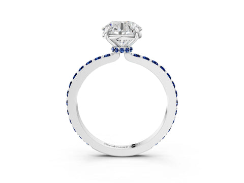 White gold Round Cut Diamond Pavé Engagement Ring with Round with Blue Sapphire side stone Accents and Prong Setting_93
