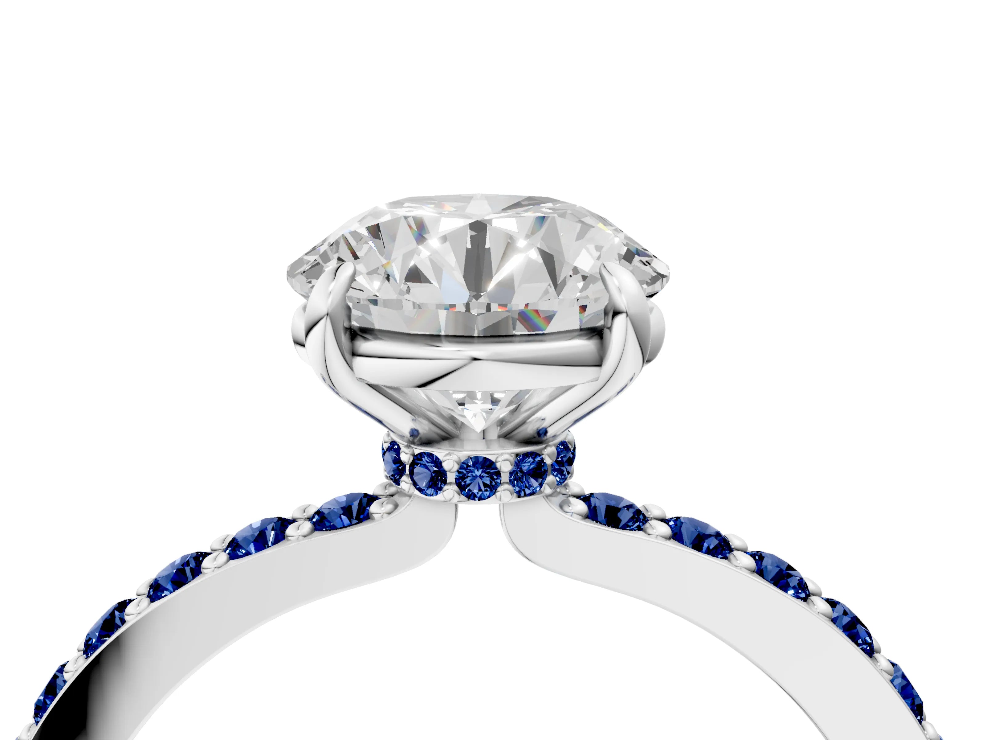 White gold Round Cut Diamond Pavé Engagement Ring with Round with Blue Sapphire side stone Accents and Prong Setting_94