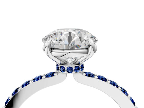 White gold Round Cut Diamond Pavé Engagement Ring with Round with Blue Sapphire side stone Accents and Prong Setting_94
