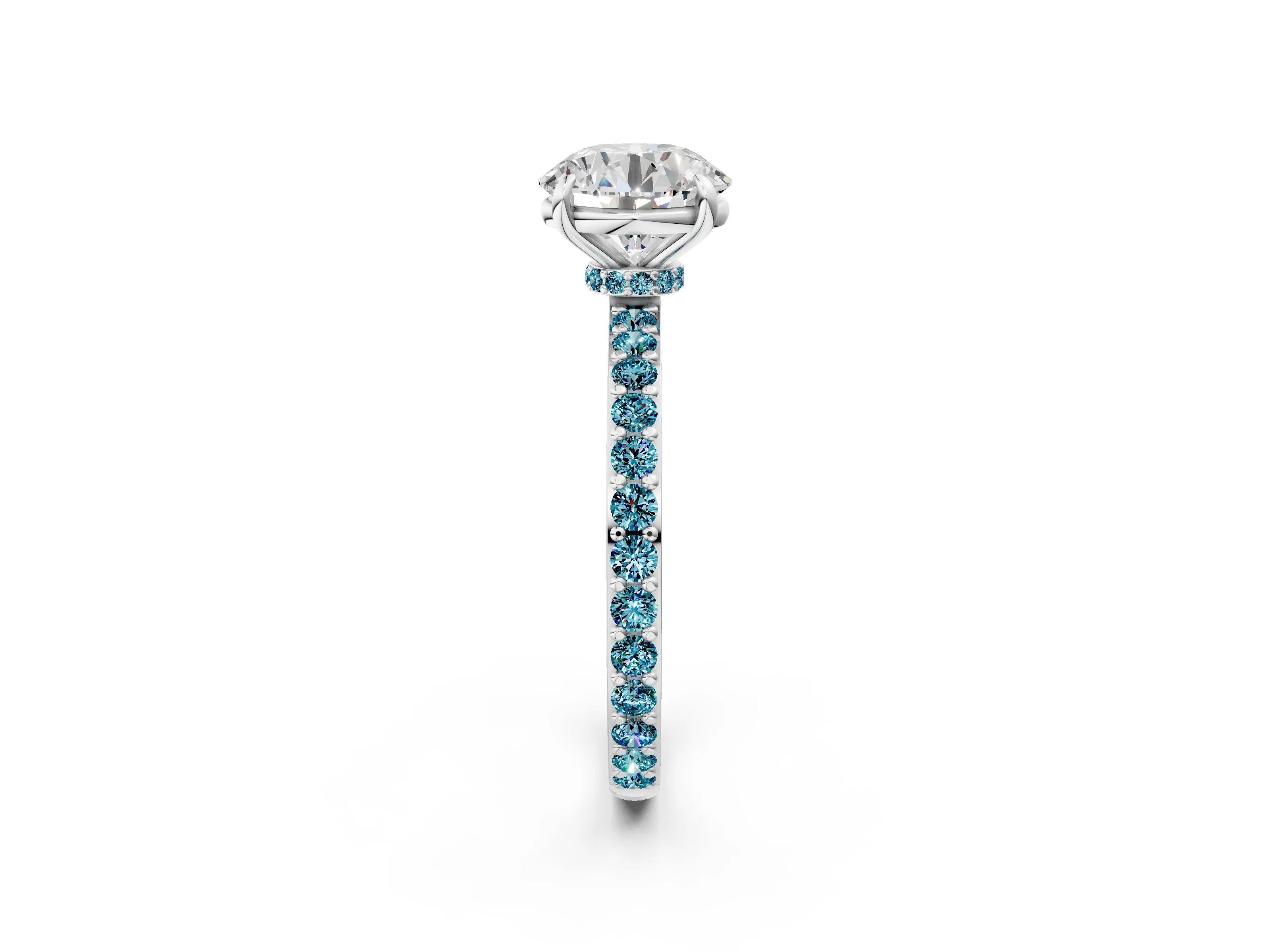 White gold Round Cut Diamond Pavé Engagement Ring with Round with Blue Topaz side stone Accents and Prong Setting_2