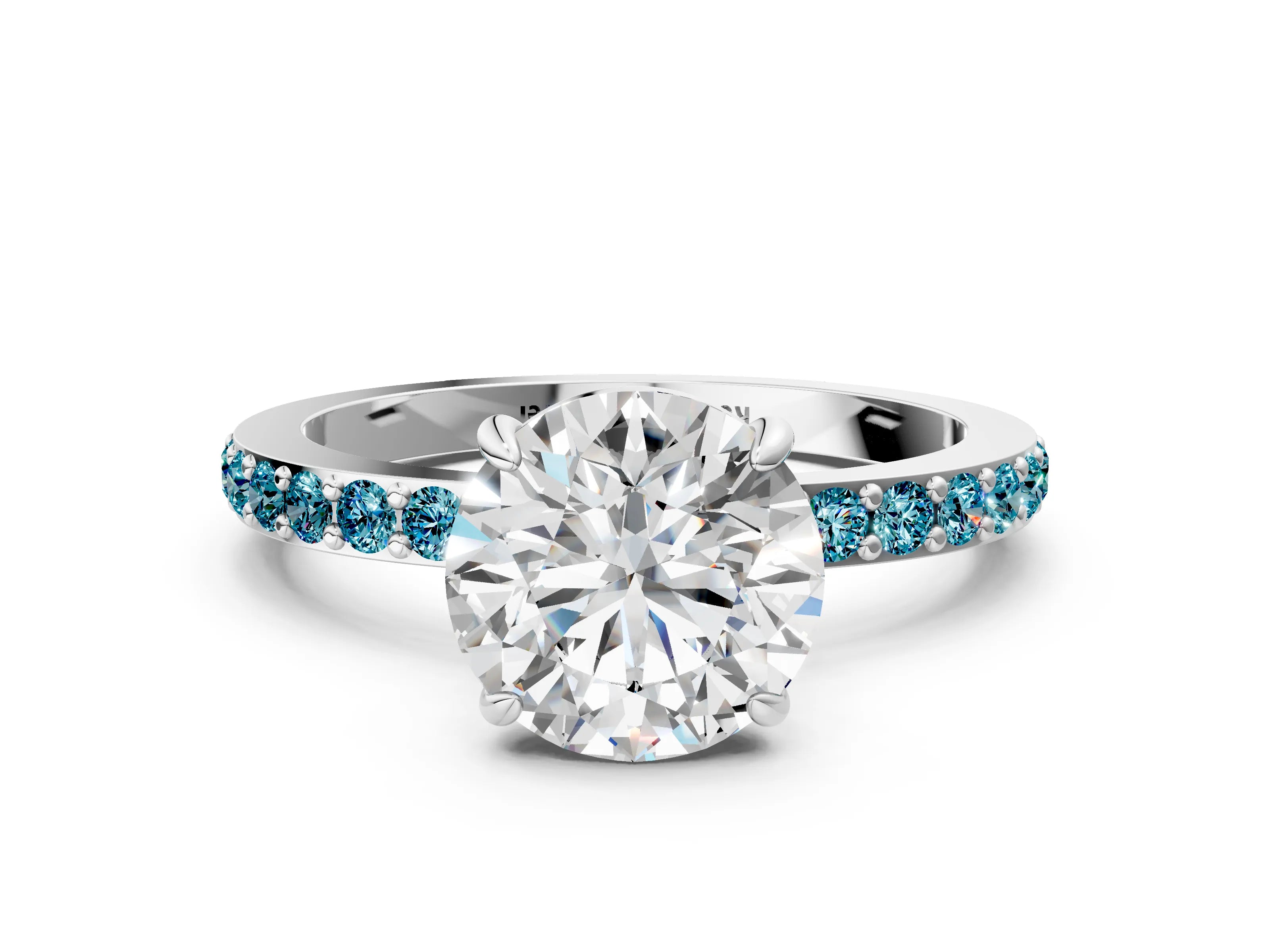 White gold Round Cut Diamond Pavé Engagement Ring with Round with Blue Topaz side stone Accents and Prong Setting
