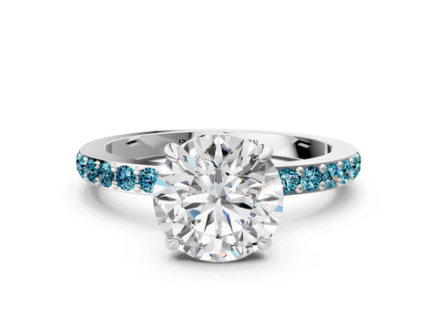 White gold Round Cut Diamond Pavé Engagement Ring with Round with Blue Topaz side stone Accents and Prong Setting