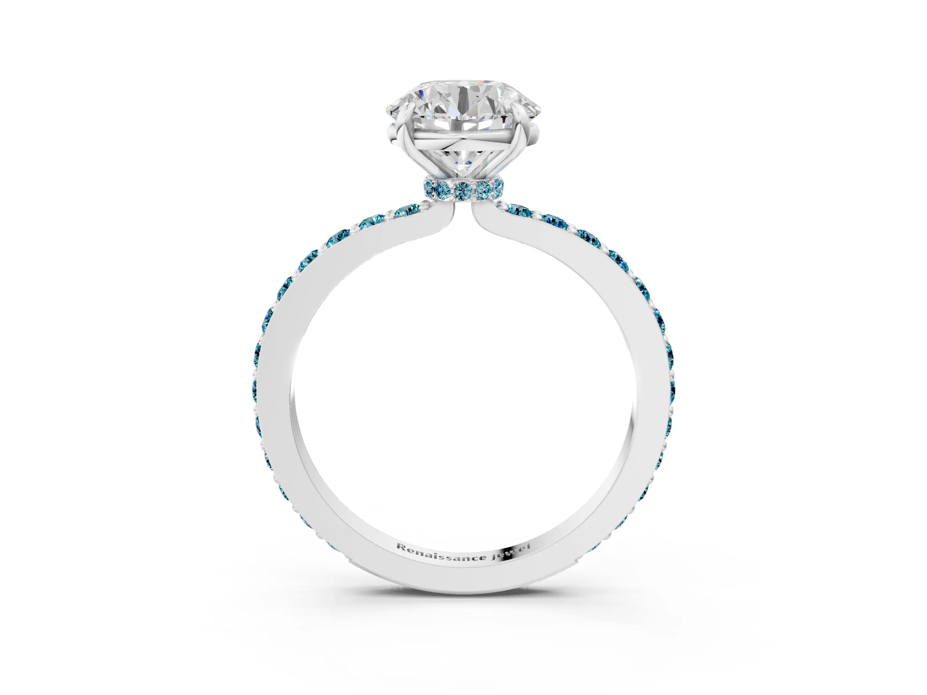 White gold Round Cut Diamond Pavé Engagement Ring with Round with Blue Topaz side stone Accents and Prong Setting_3
