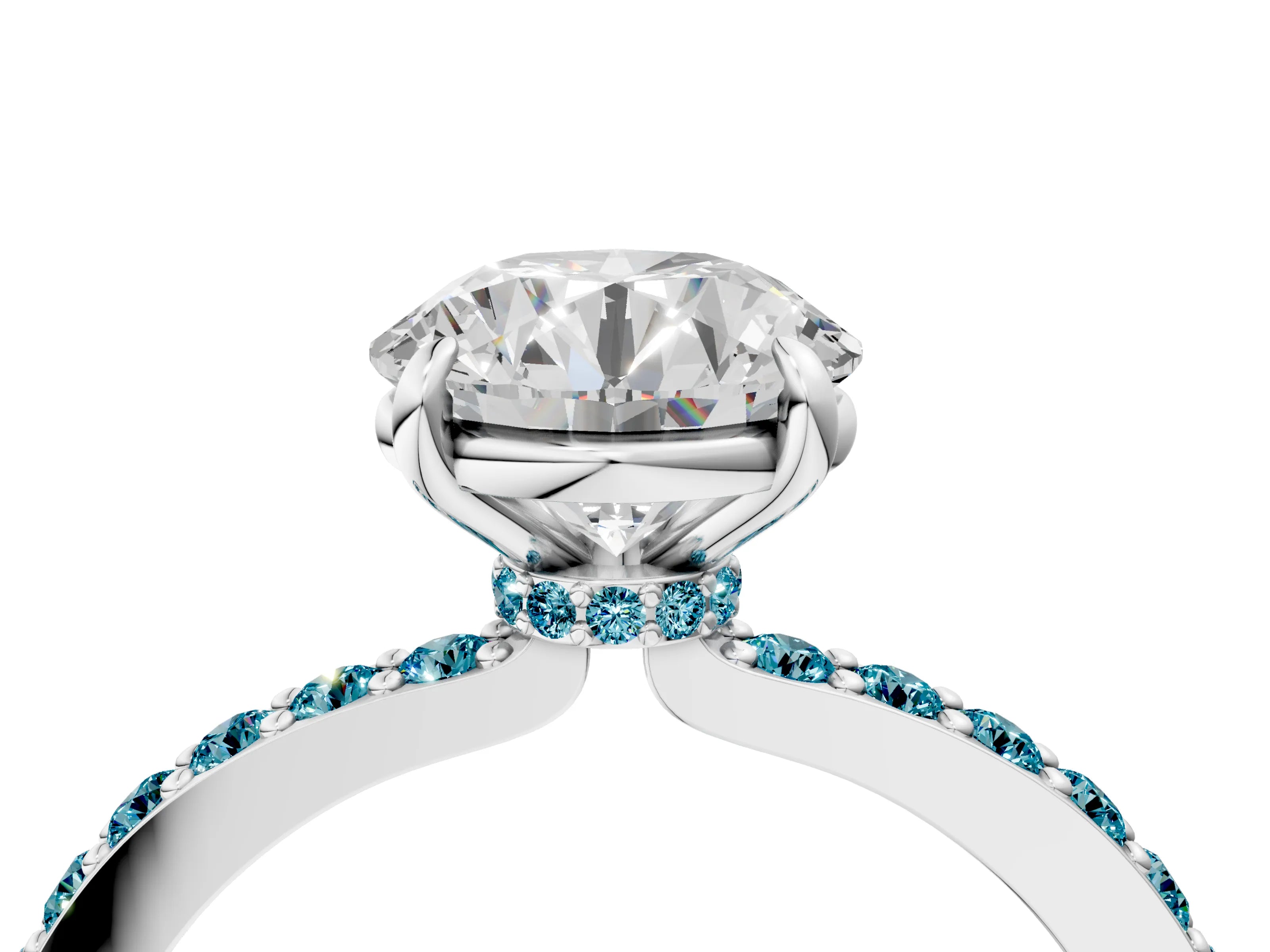 White gold Round Cut Diamond Pavé Engagement Ring with Round with Blue Topaz side stone Accents and Prong Setting_4