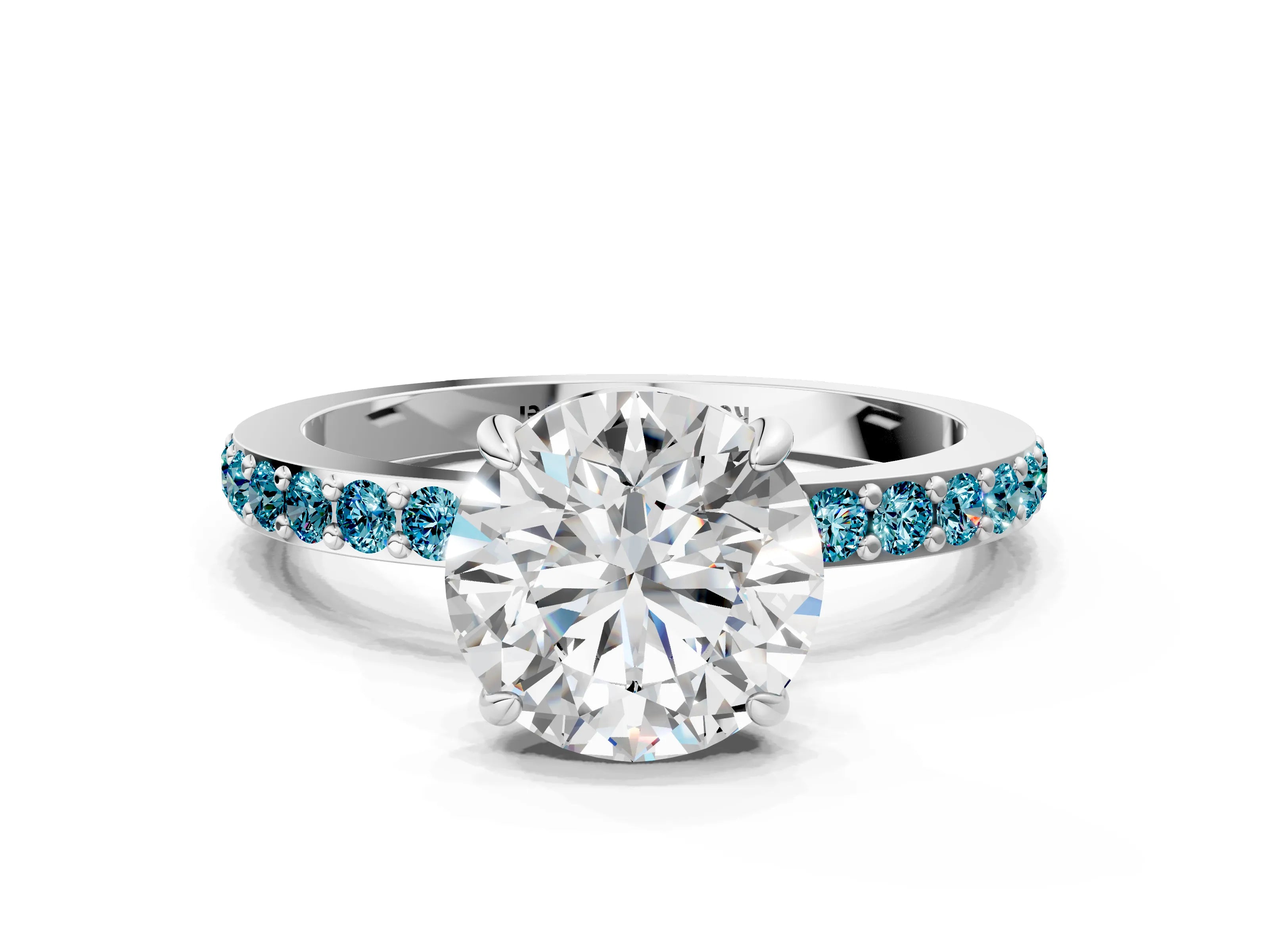 White gold Round Cut Diamond Pavé Engagement Ring with Round with Blue Topaz side stone Accents and Prong Setting_78