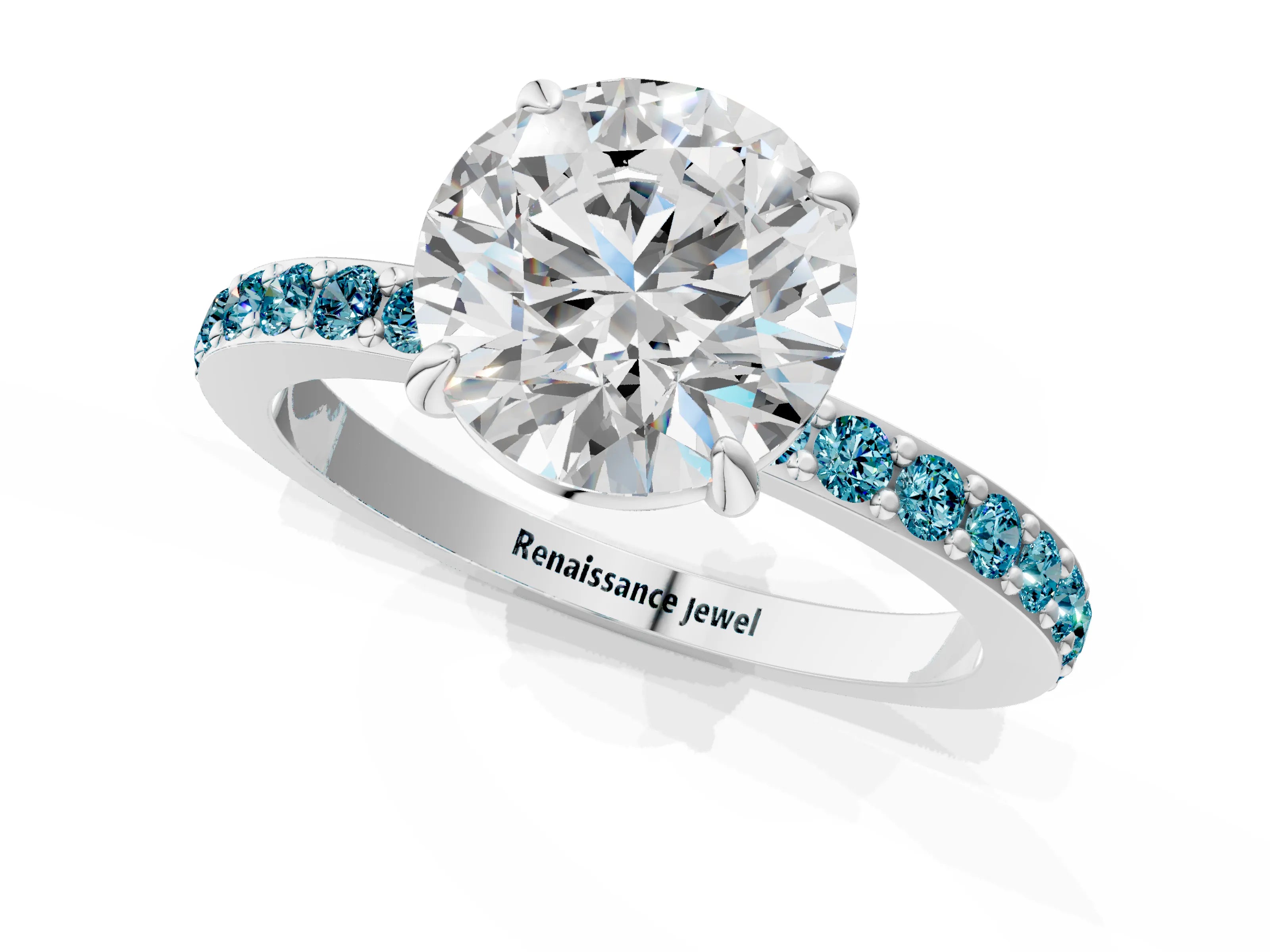 White gold Round Cut Diamond Pavé Engagement Ring with Round with Blue Topaz side stone Accents and Prong Setting_79