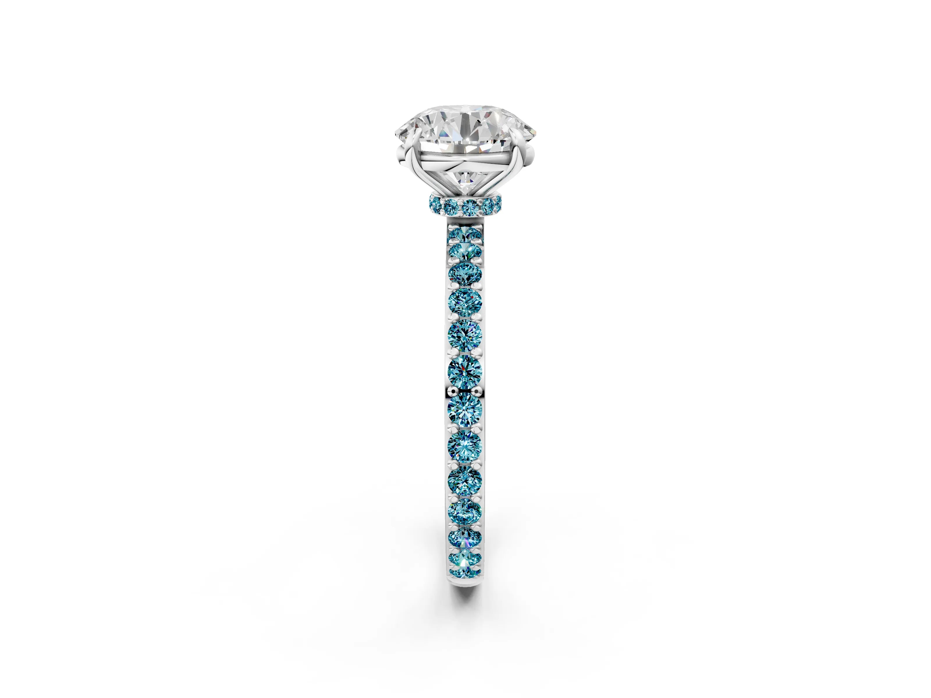 White gold Round Cut Diamond Pavé Engagement Ring with Round with Blue Topaz side stone Accents and Prong Setting_80