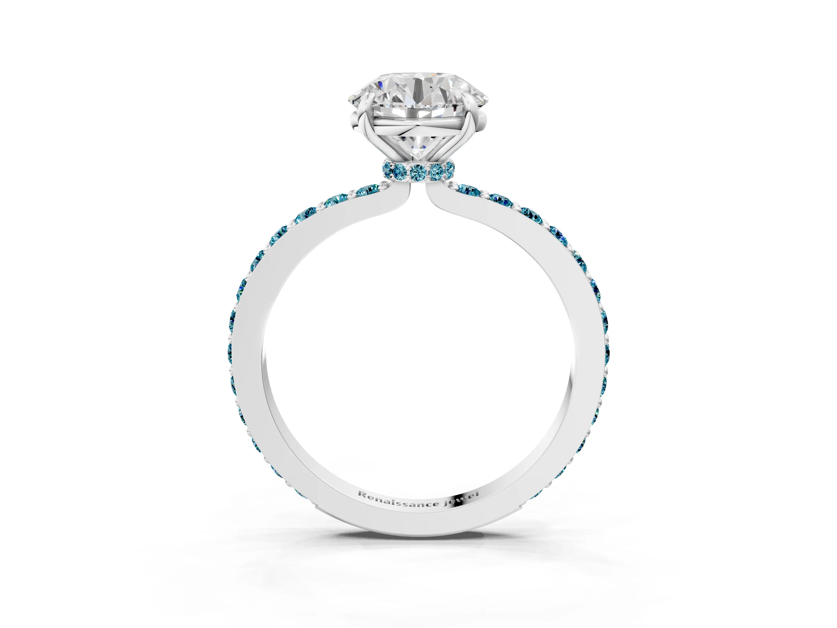 White gold Round Cut Diamond Pavé Engagement Ring with Round with Blue Topaz side stone Accents and Prong Setting_81