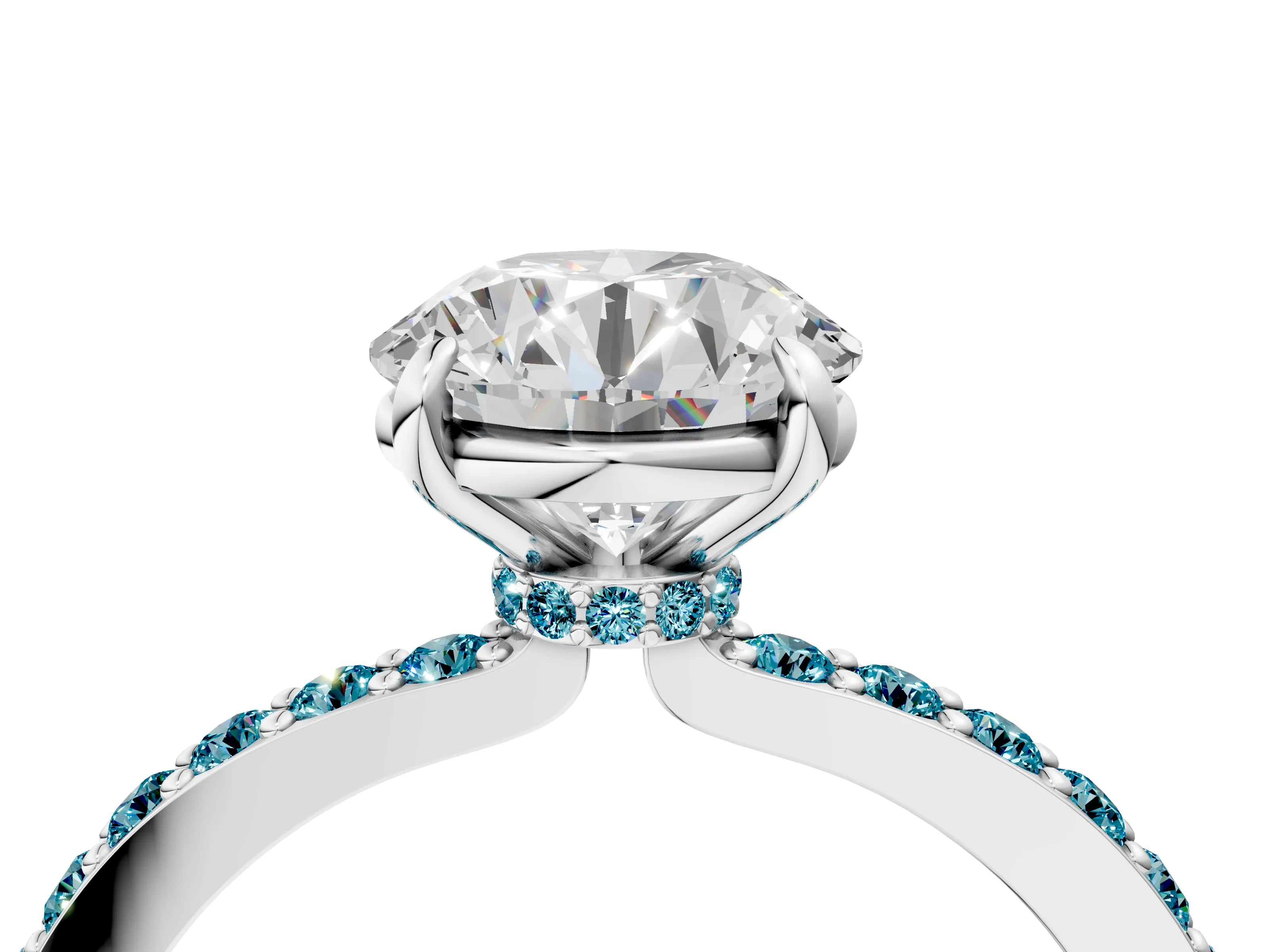 White gold Round Cut Diamond Pavé Engagement Ring with Round with Blue Topaz side stone Accents and Prong Setting_82