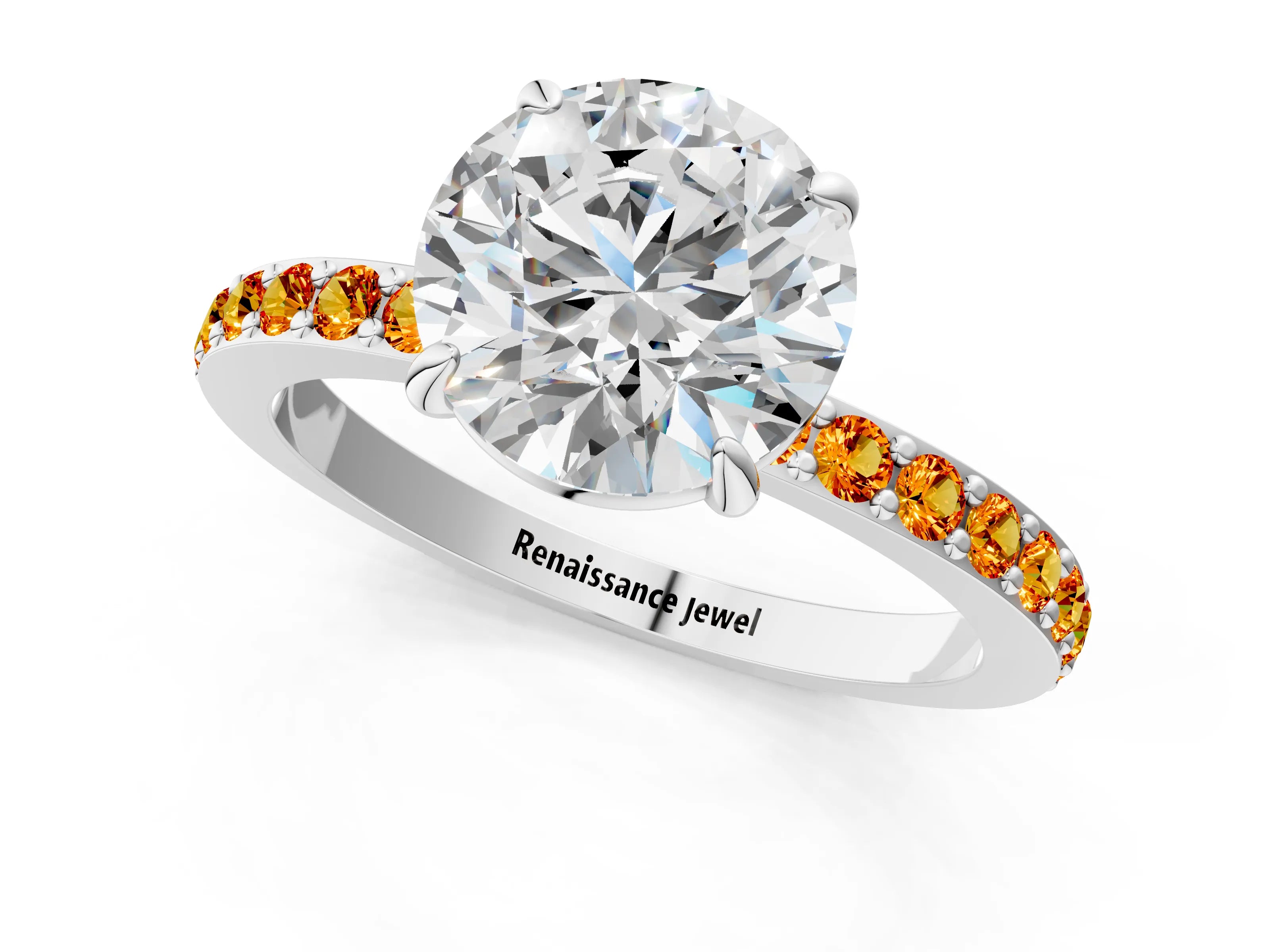 White gold Round Cut Diamond Pavé Engagement Ring with Round with Citrine side stone Accents and Prong Setting_1
