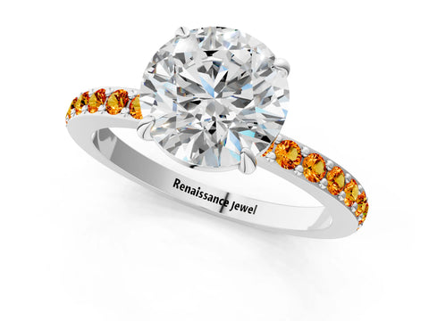 White gold Round Cut Diamond Pavé Engagement Ring with Round with Citrine side stone Accents and Prong Setting_1