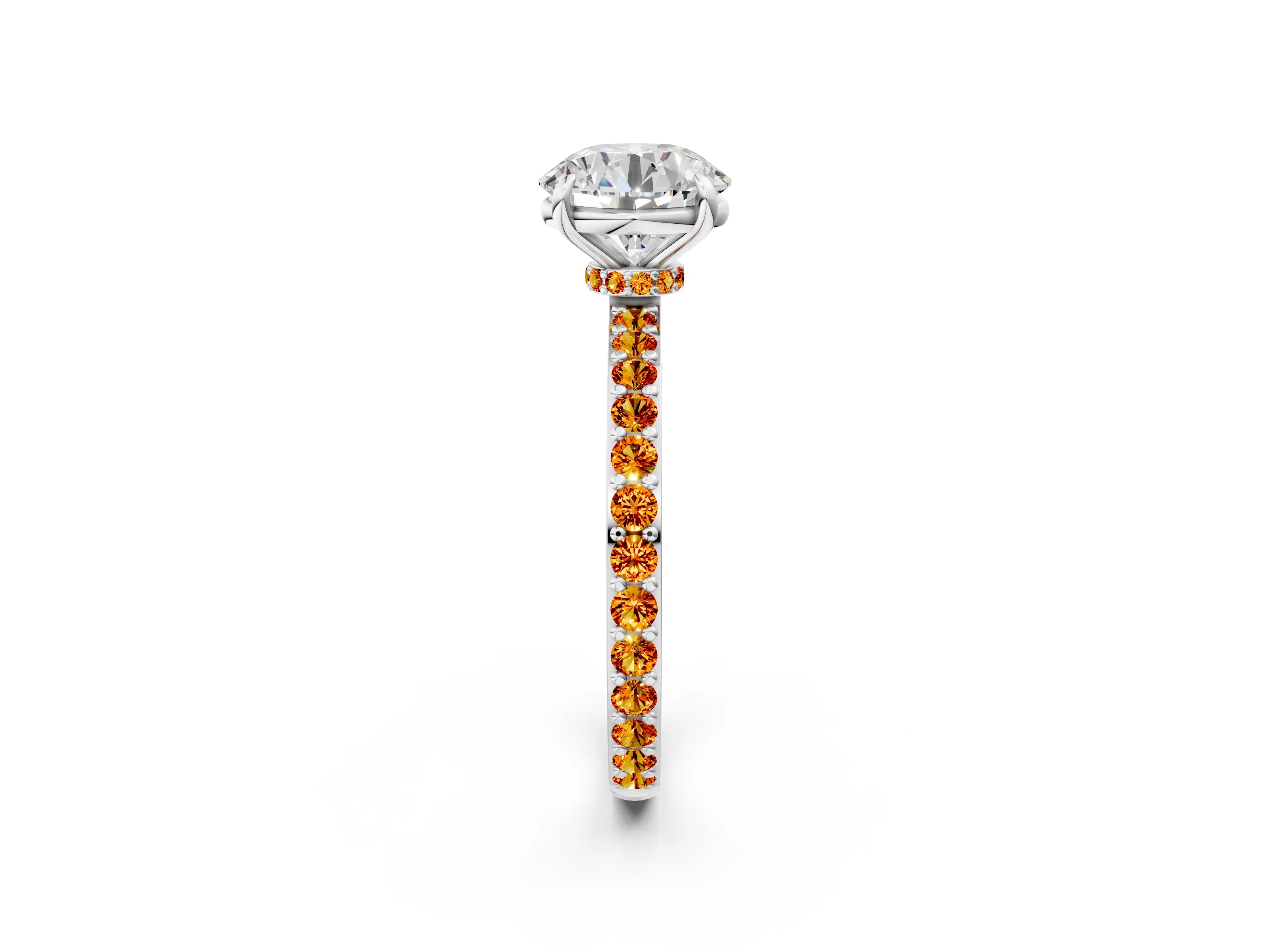 White gold Round Cut Diamond Pavé Engagement Ring with Round with Citrine side stone Accents and Prong Setting_2