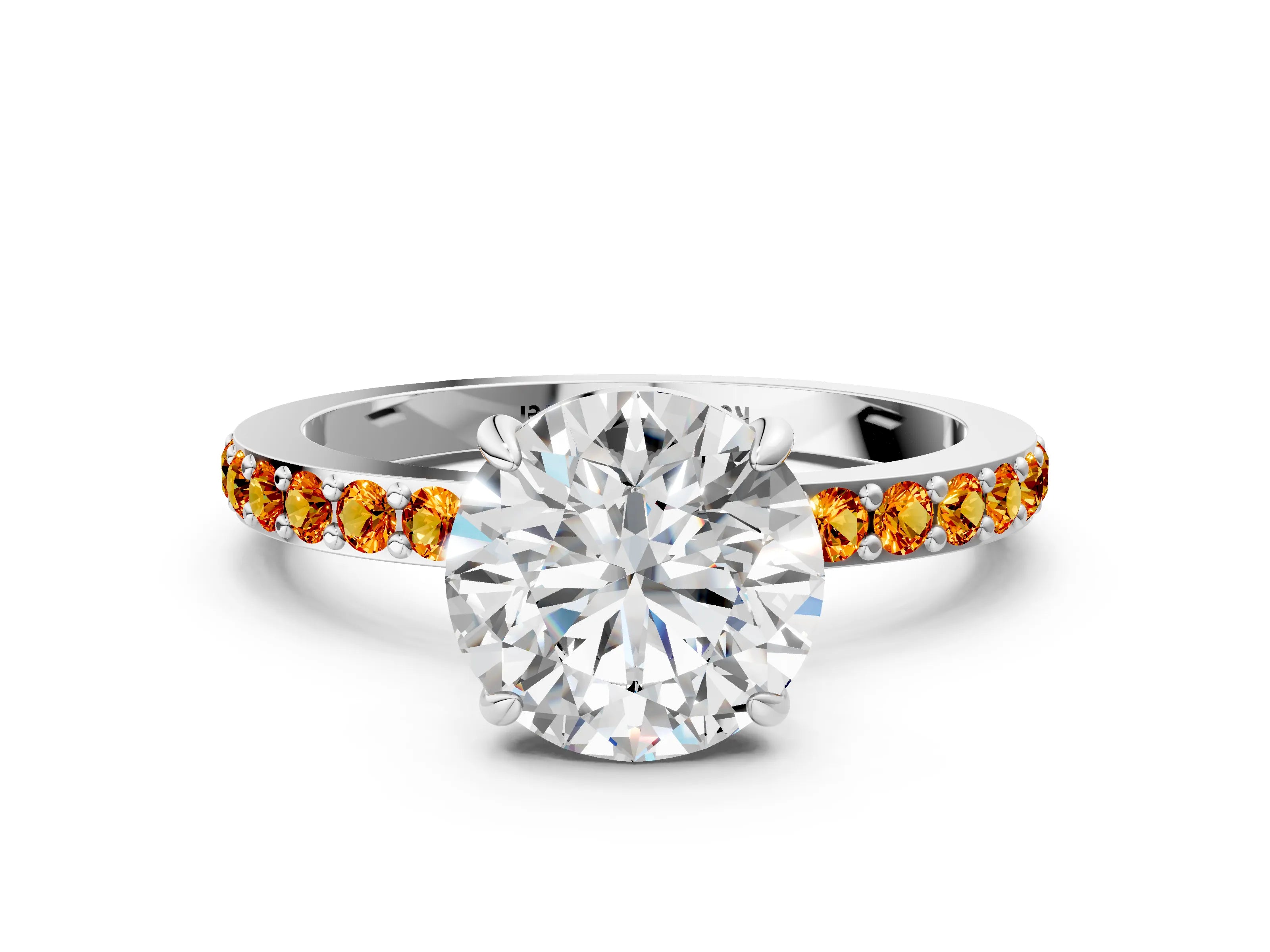 White gold Round Cut Diamond Pavé Engagement Ring with Round with Citrine side stone Accents and Prong Setting