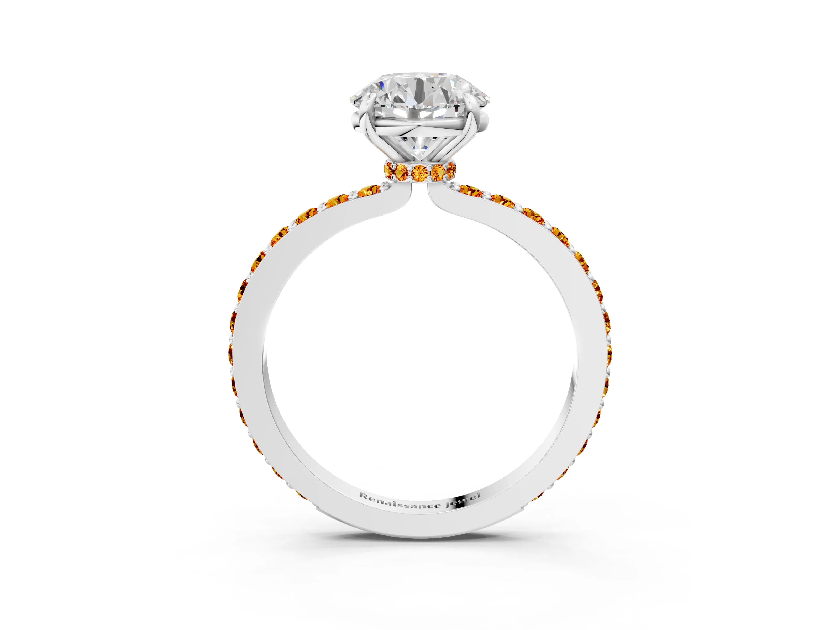 White gold Round Cut Diamond Pavé Engagement Ring with Round with Citrine side stone Accents and Prong Setting_3