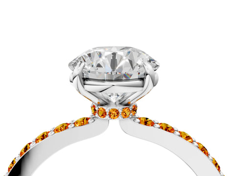 White gold Round Cut Diamond Pavé Engagement Ring with Round with Citrine side stone Accents and Prong Setting_4