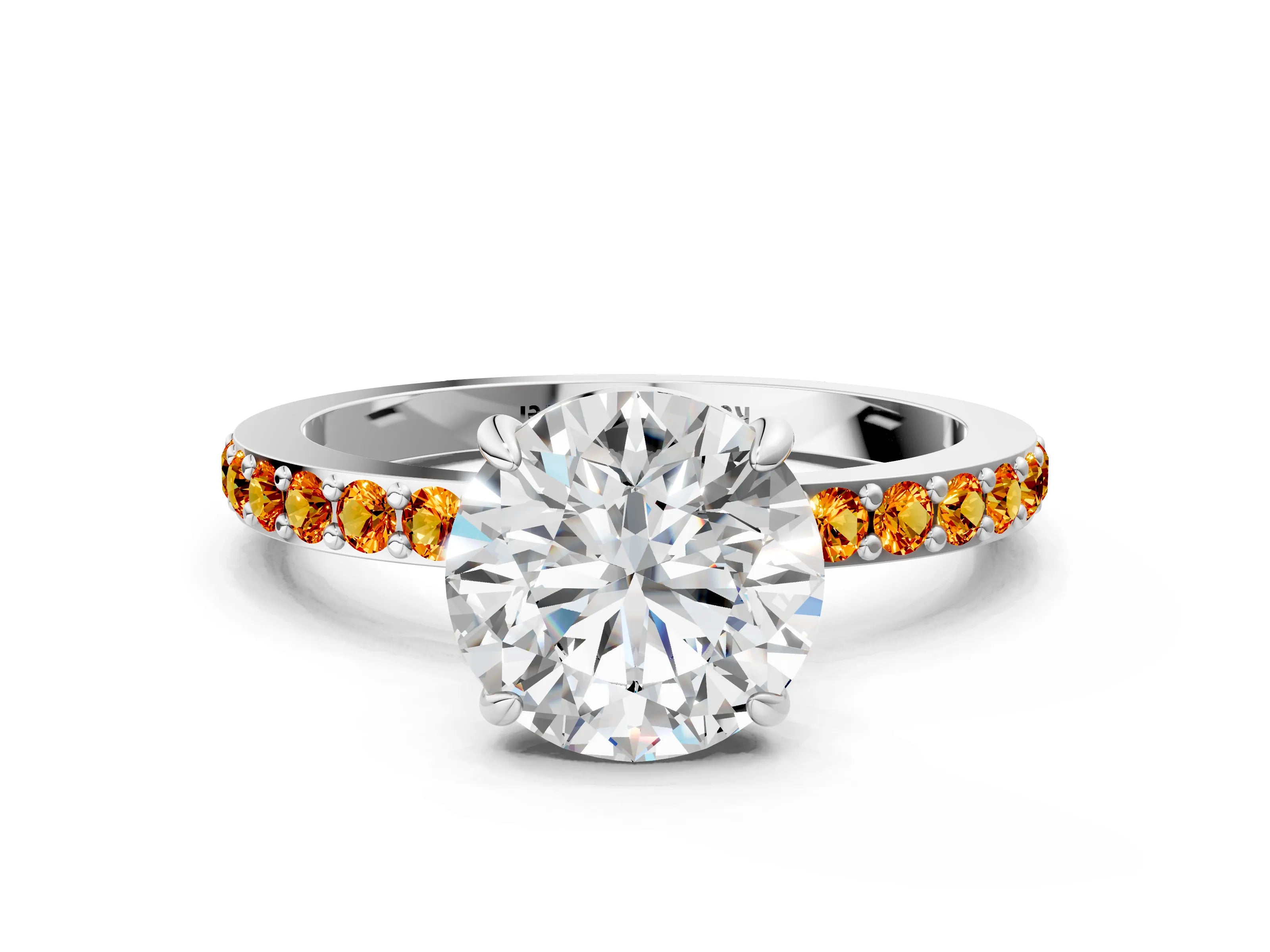 White gold Round Cut Diamond Pavé Engagement Ring with Round with Citrine side stone Accents and Prong Setting_54
