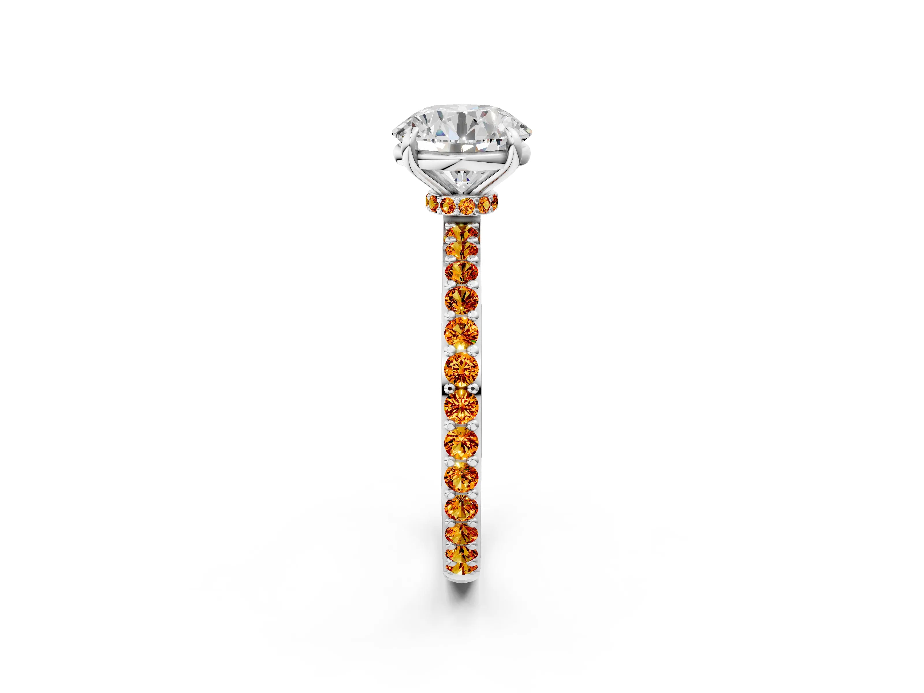White gold Round Cut Diamond Pavé Engagement Ring with Round with Citrine side stone Accents and Prong Setting_56