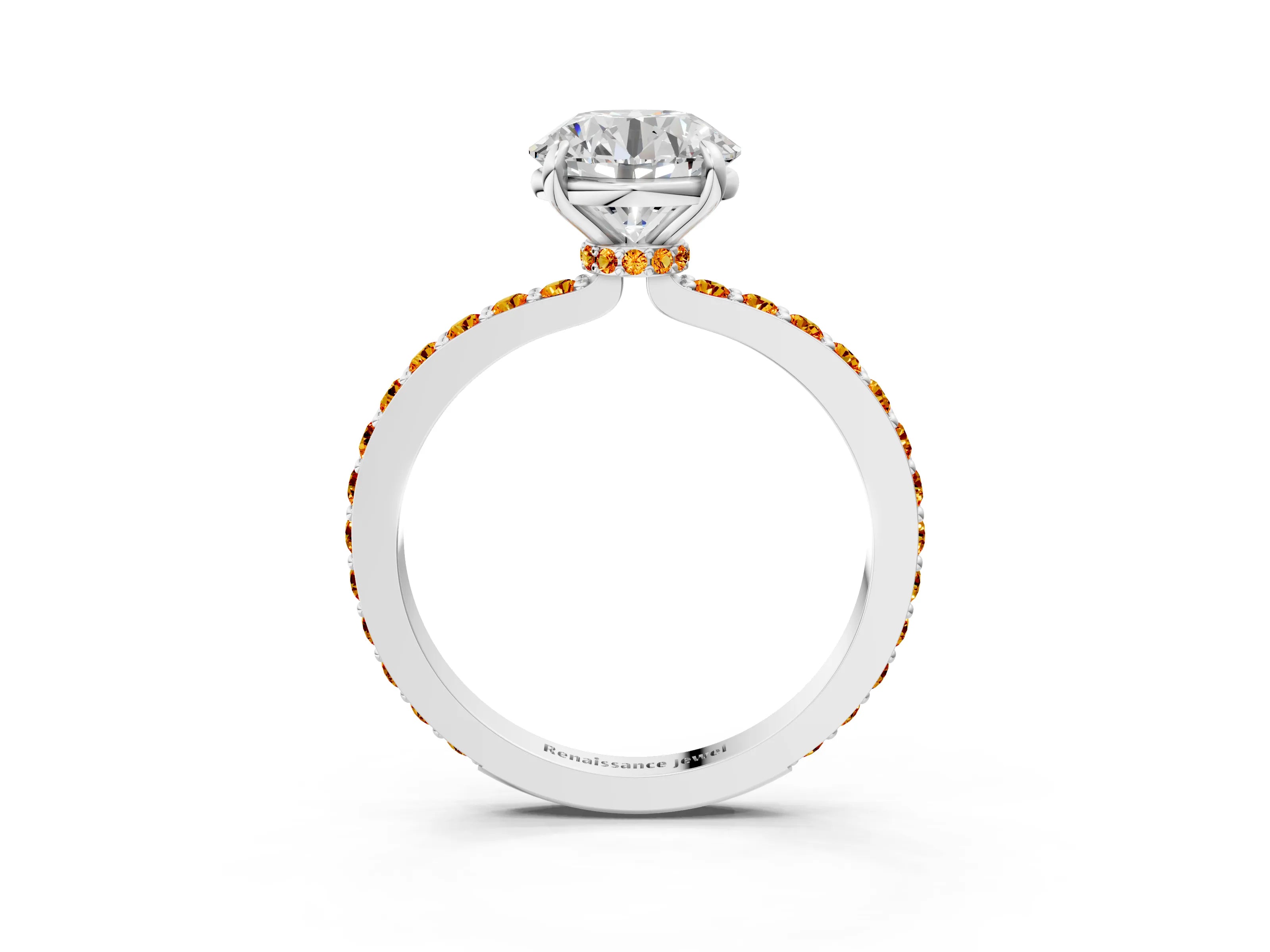 White gold Round Cut Diamond Pavé Engagement Ring with Round with Citrine side stone Accents and Prong Setting_57