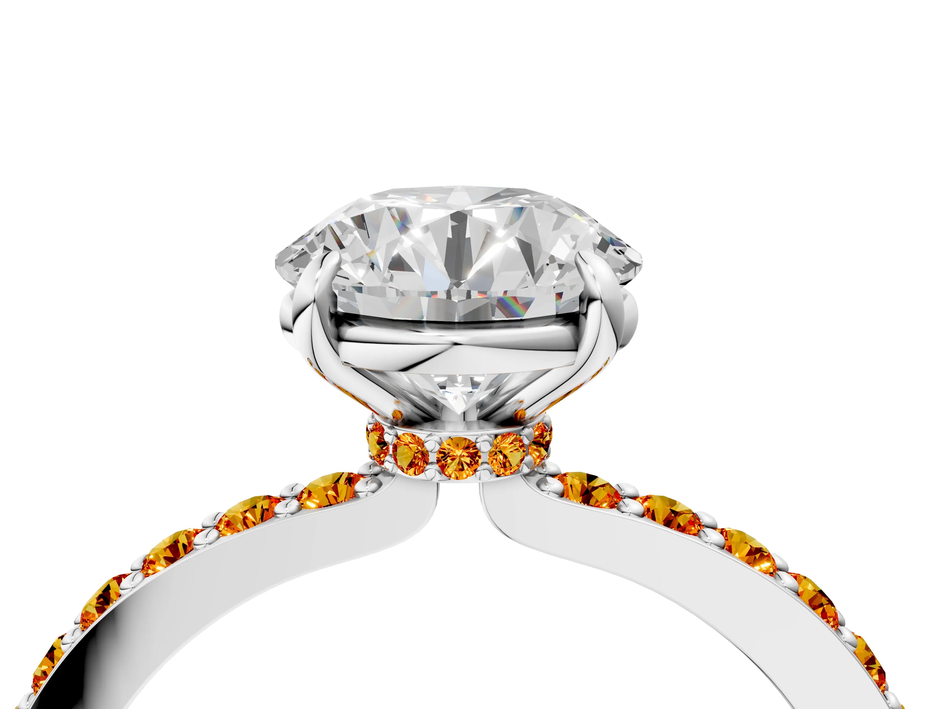 White gold Round Cut Diamond Pavé Engagement Ring with Round with Citrine side stone Accents and Prong Setting_58