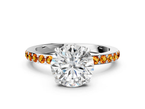 White gold Round Cut Diamond Pavé Engagement Ring with Round with Citrine side stone Accents and Prong Setting