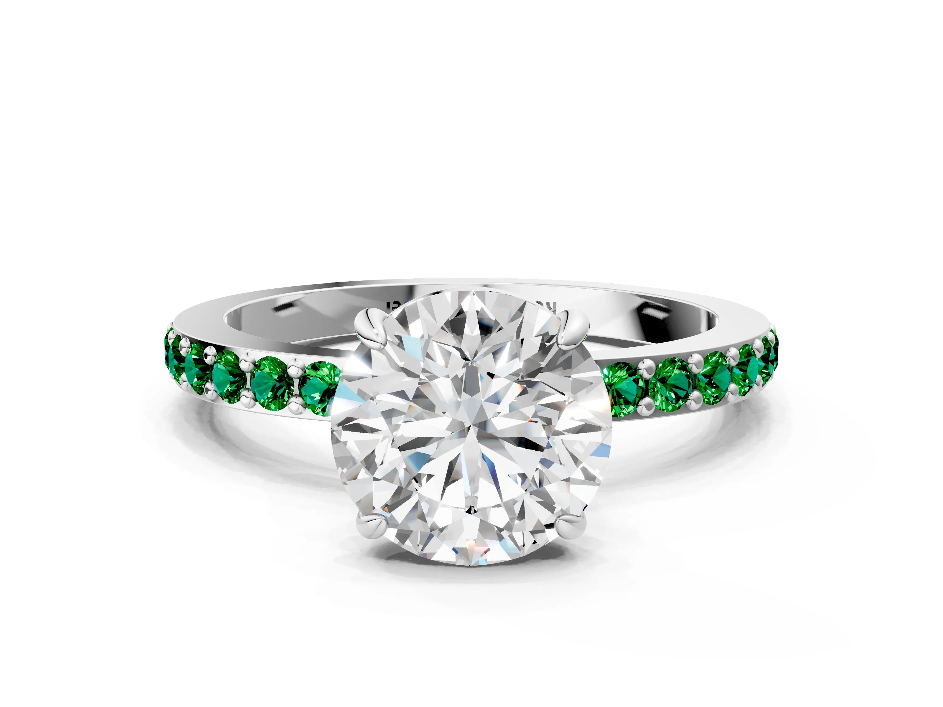White gold Round Cut Diamond Pavé Engagement Ring with Round with Emerald side stone Accents and Prong Setting