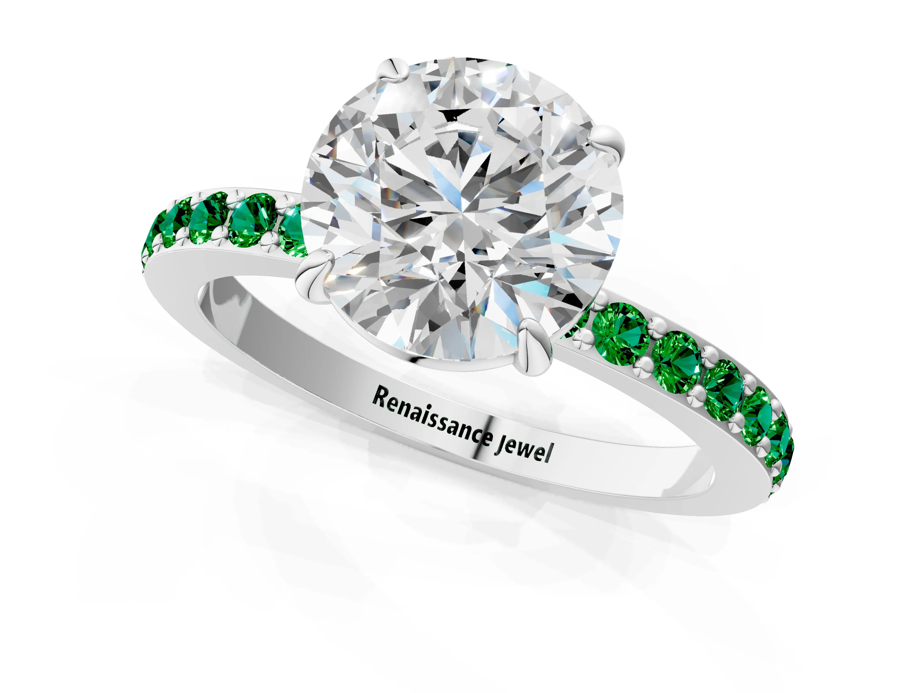 White gold Round Cut Diamond Pavé Engagement Ring with Round with Emerald side stone Accents and Prong Setting_1