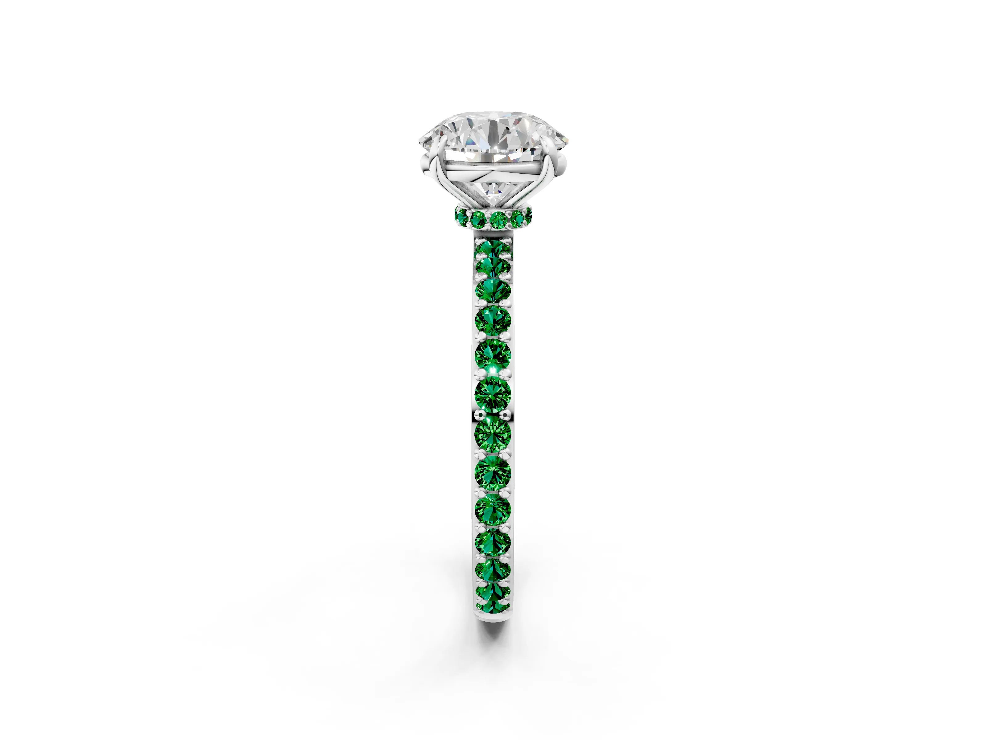 White gold Round Cut Diamond Pavé Engagement Ring with Round with Emerald side stone Accents and Prong Setting_2