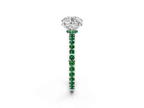 White gold Round Cut Diamond Pavé Engagement Ring with Round with Emerald side stone Accents and Prong Setting_2