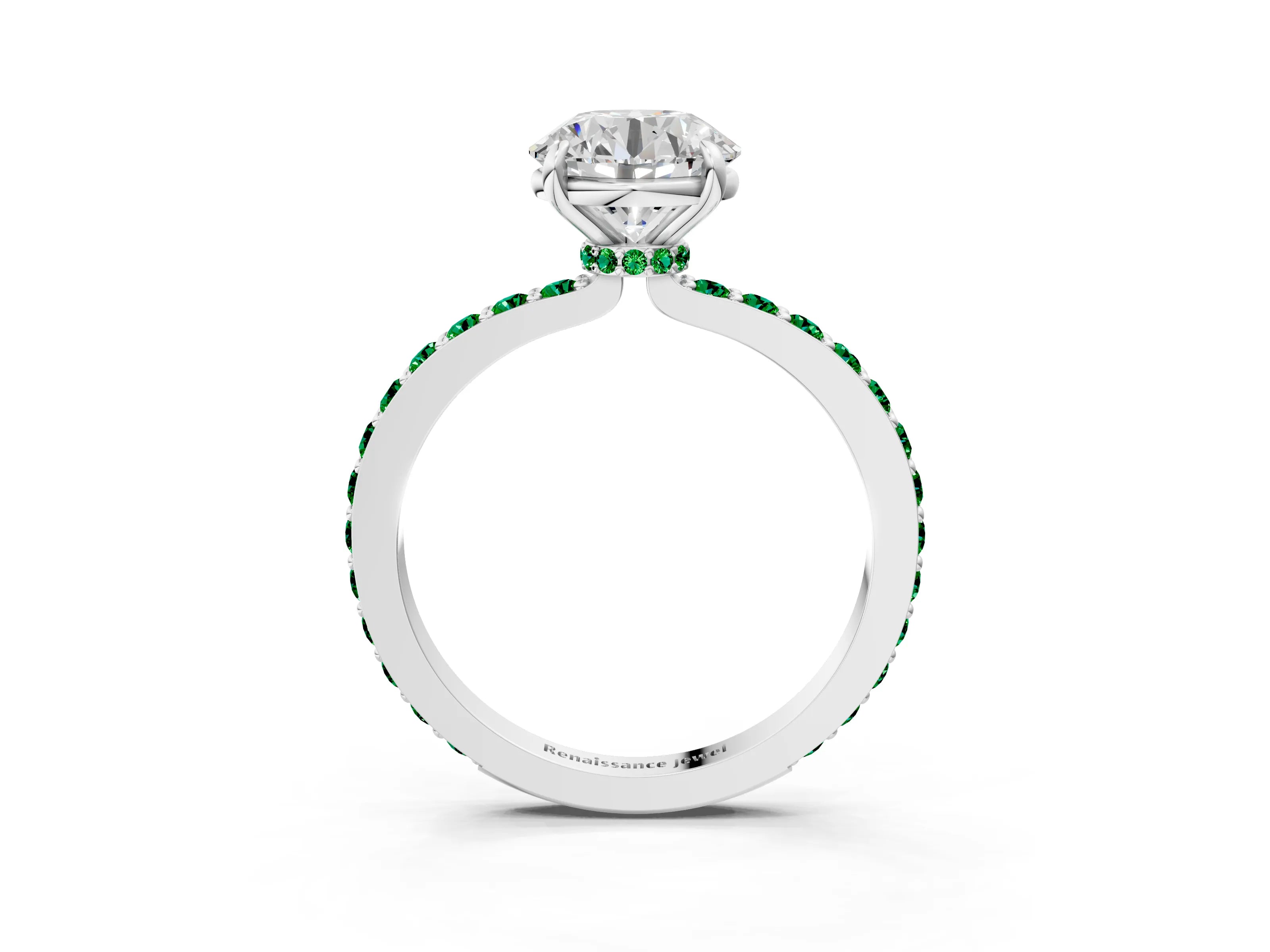 White gold Round Cut Diamond Pavé Engagement Ring with Round with Emerald side stone Accents and Prong Setting_3