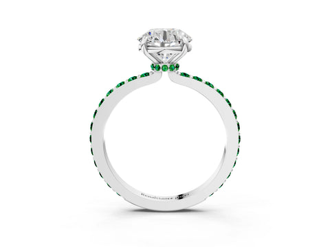 White gold Round Cut Diamond Pavé Engagement Ring with Round with Emerald side stone Accents and Prong Setting_3