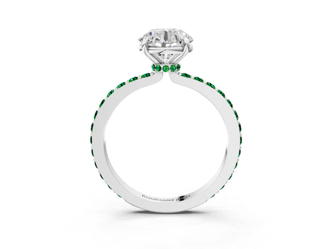 White gold Round Cut Diamond Pavé Engagement Ring with Round with Emerald side stone Accents and Prong Setting_3