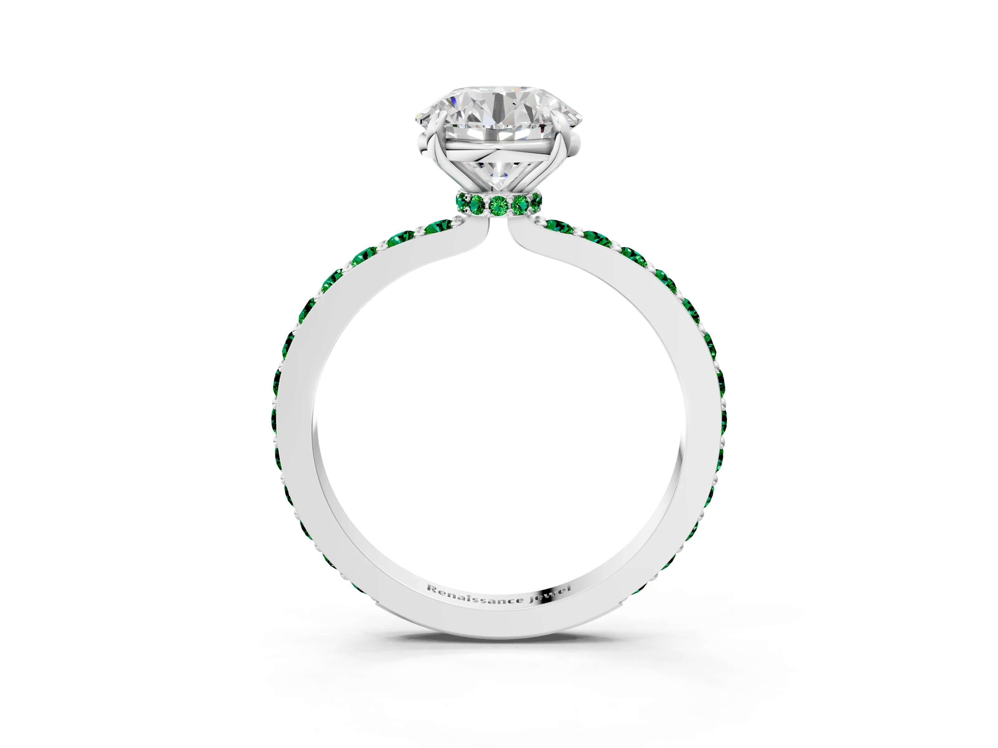 White gold Round Cut Diamond Pavé Engagement Ring with Round with Emerald side stone Accents and Prong Setting_3