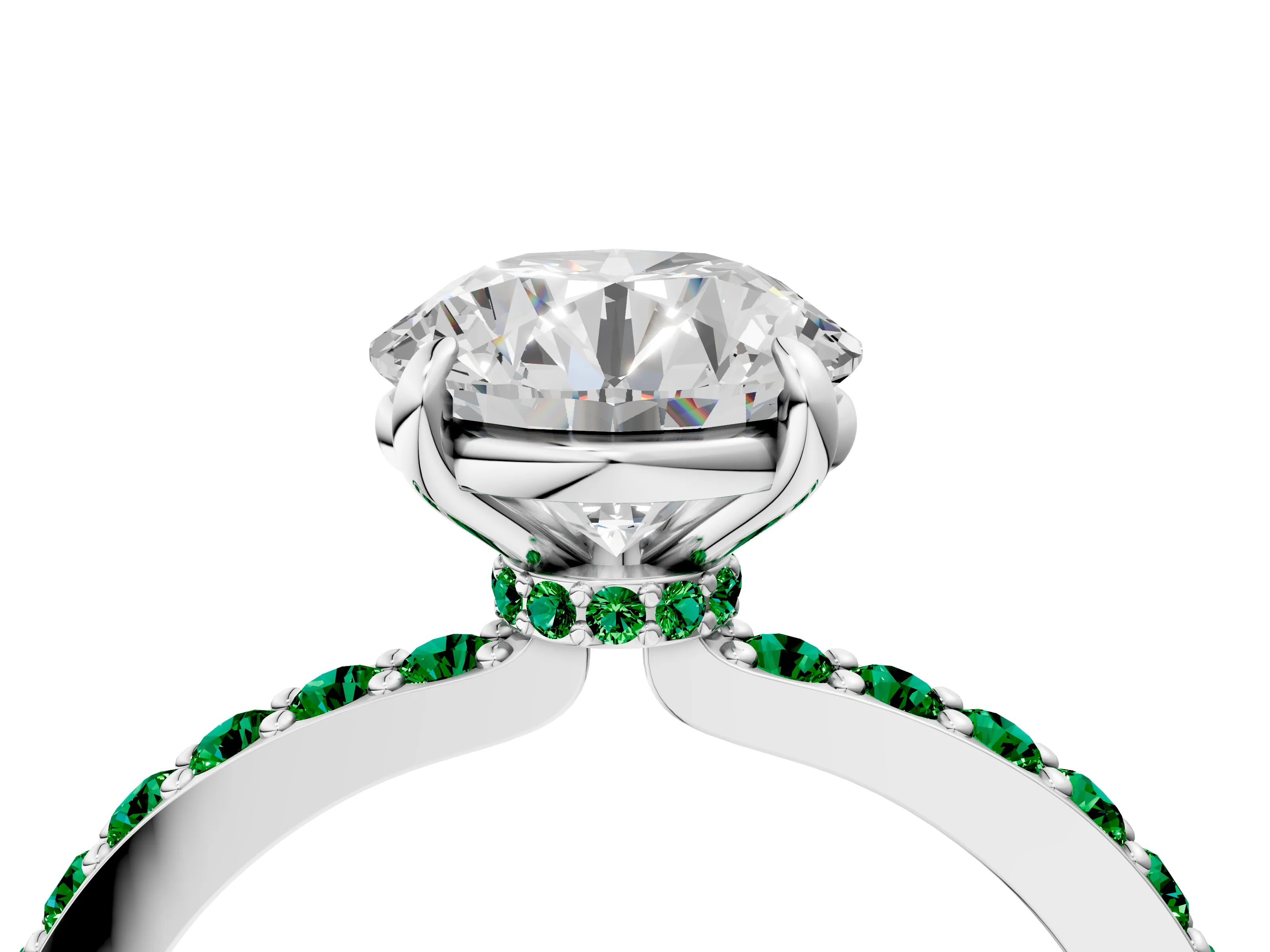 White gold Round Cut Diamond Pavé Engagement Ring with Round with Emerald side stone Accents and Prong Setting_4