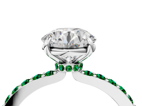 White gold Round Cut Diamond Pavé Engagement Ring with Round with Emerald side stone Accents and Prong Setting_4
