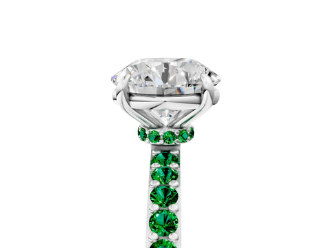 White gold Round Cut Diamond Pavé Engagement Ring with Round with Emerald side stone Accents and Prong Setting_5