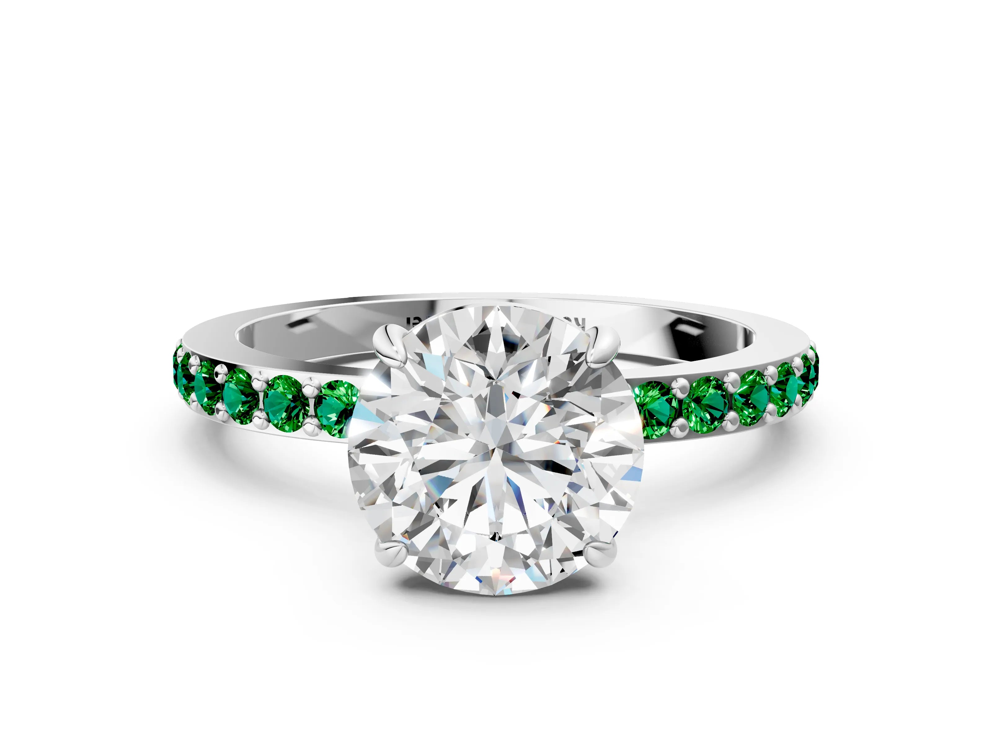 White gold Round Cut Diamond Pavé Engagement Ring with Round with Emerald side stone Accents and Prong Setting