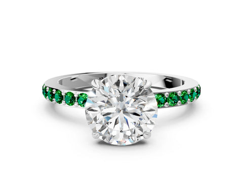 White gold Round Cut Diamond Pavé Engagement Ring with Round with Emerald side stone Accents and Prong Setting