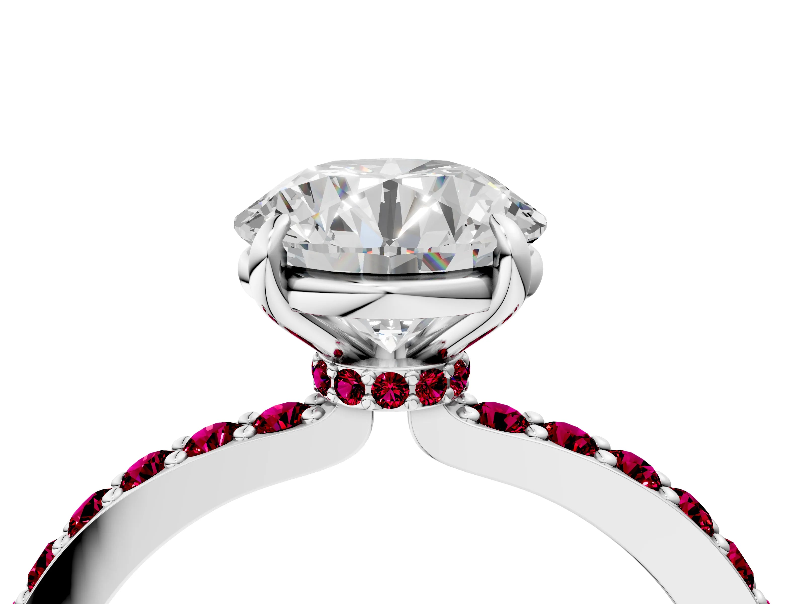 White gold Round Cut Diamond Pavé Engagement Ring with Round with Garnet side stone Accents and Prong Setting_100