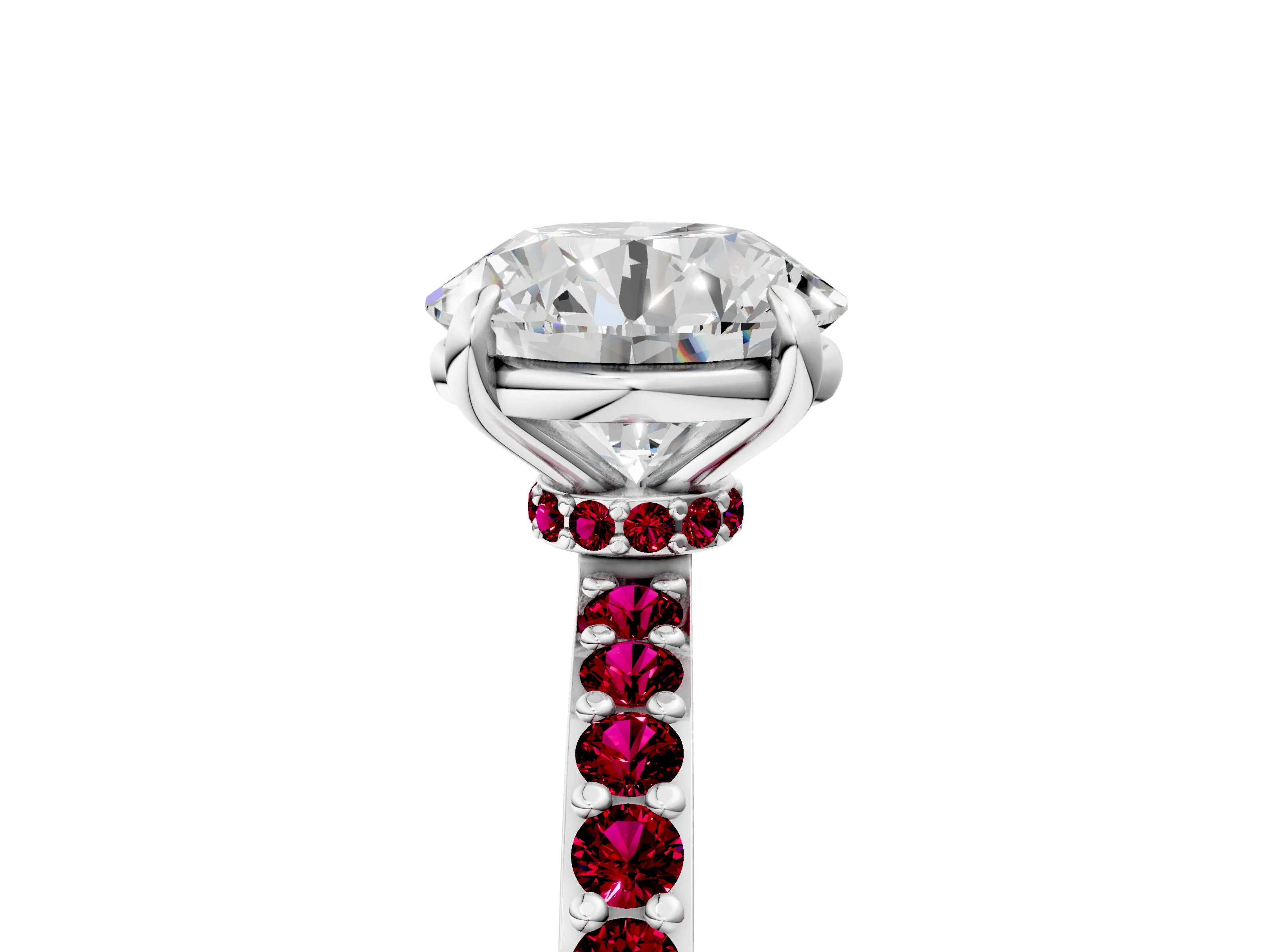 White gold Round Cut Diamond Pavé Engagement Ring with Round with Garnet side stone Accents and Prong Setting_101
