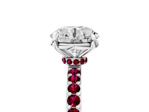 White gold Round Cut Diamond Pavé Engagement Ring with Round with Garnet side stone Accents and Prong Setting_101