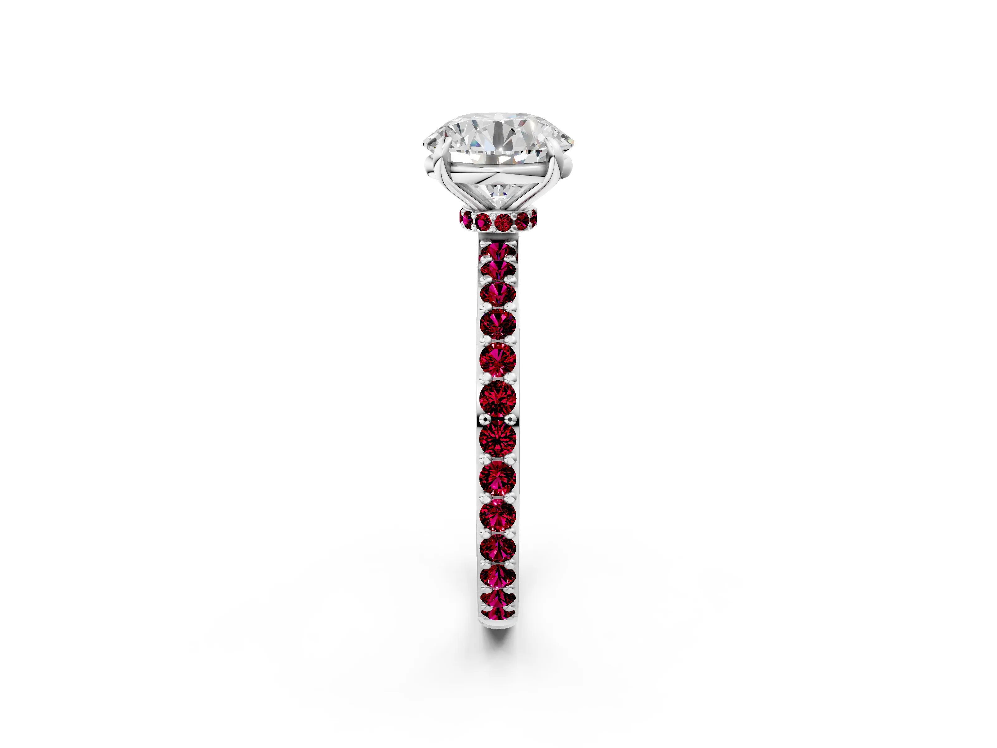 White gold Round Cut Diamond Pavé Engagement Ring with Round with Garnet side stone Accents and Prong Setting_2