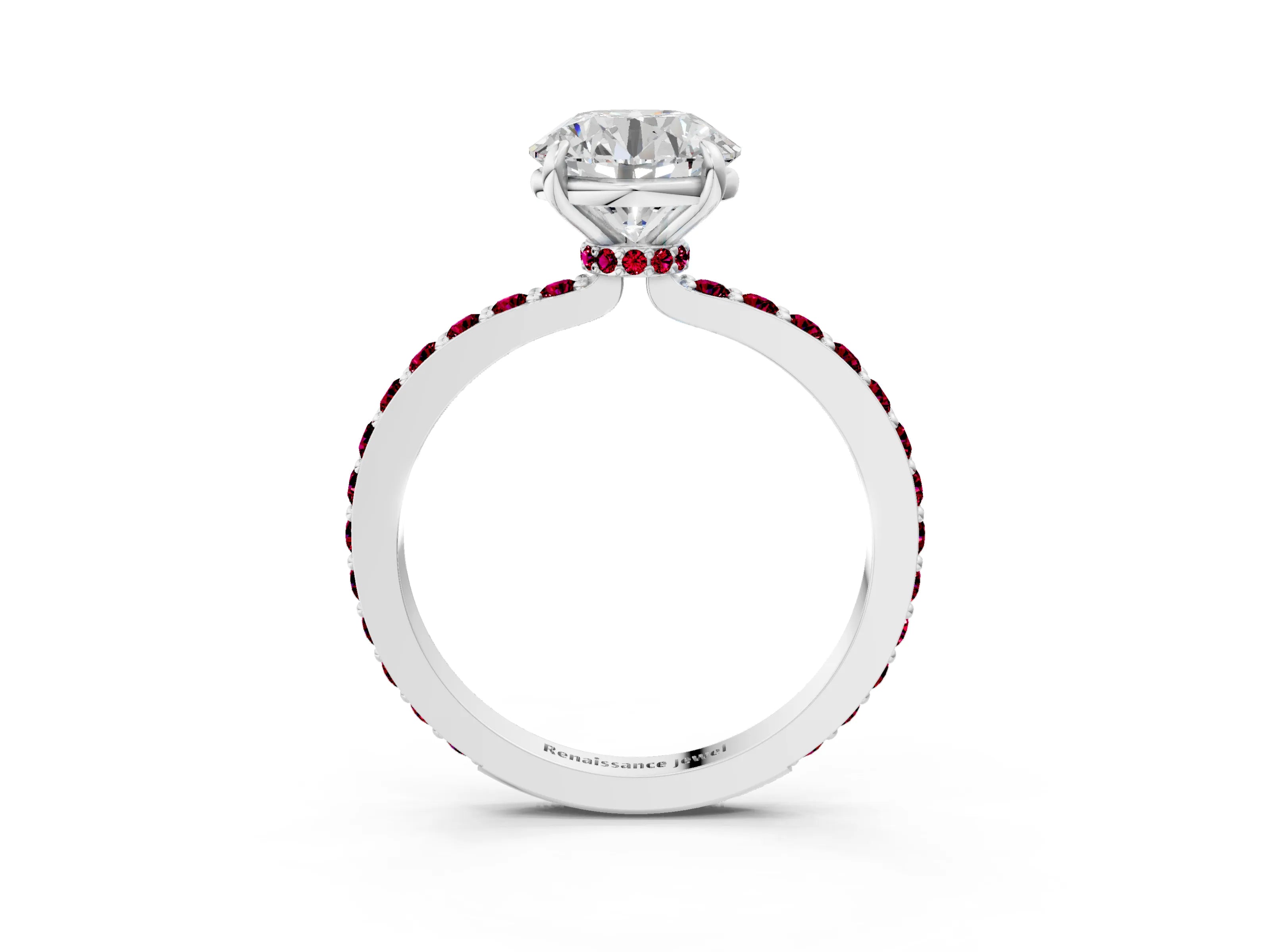 White gold Round Cut Diamond Pavé Engagement Ring with Round with Garnet side stone Accents and Prong Setting_3