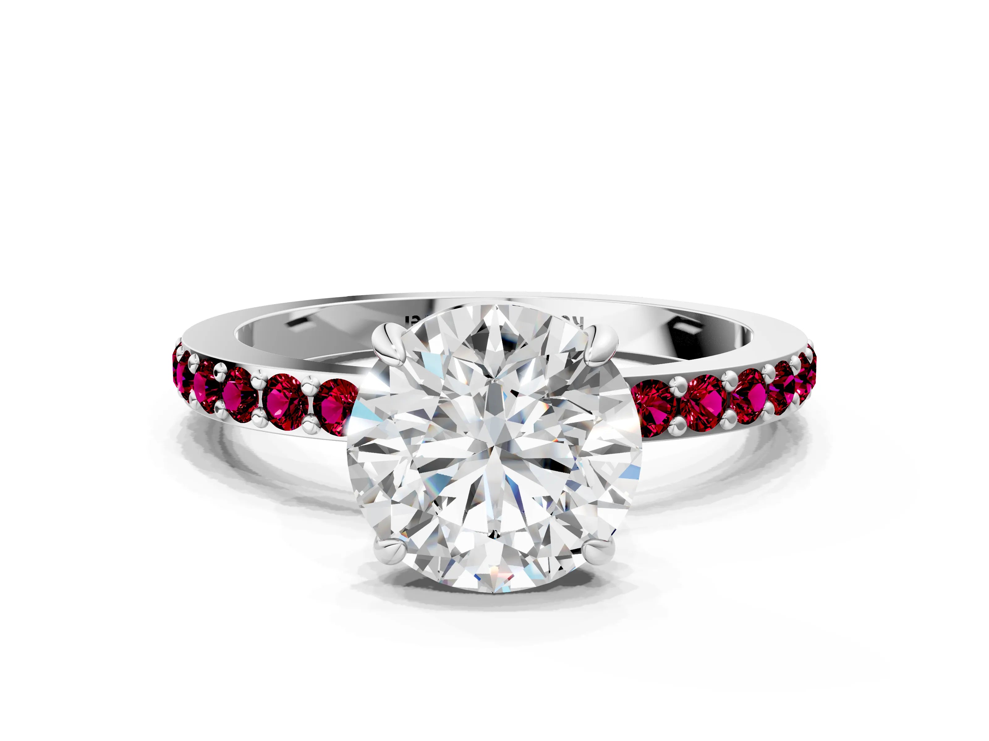 White gold Round Cut Diamond Pavé Engagement Ring with Round with Garnet side stone Accents and Prong Setting_48