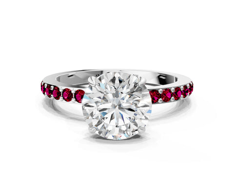 White gold Round Cut Diamond Pavé Engagement Ring with Round with Garnet side stone Accents and Prong Setting_48