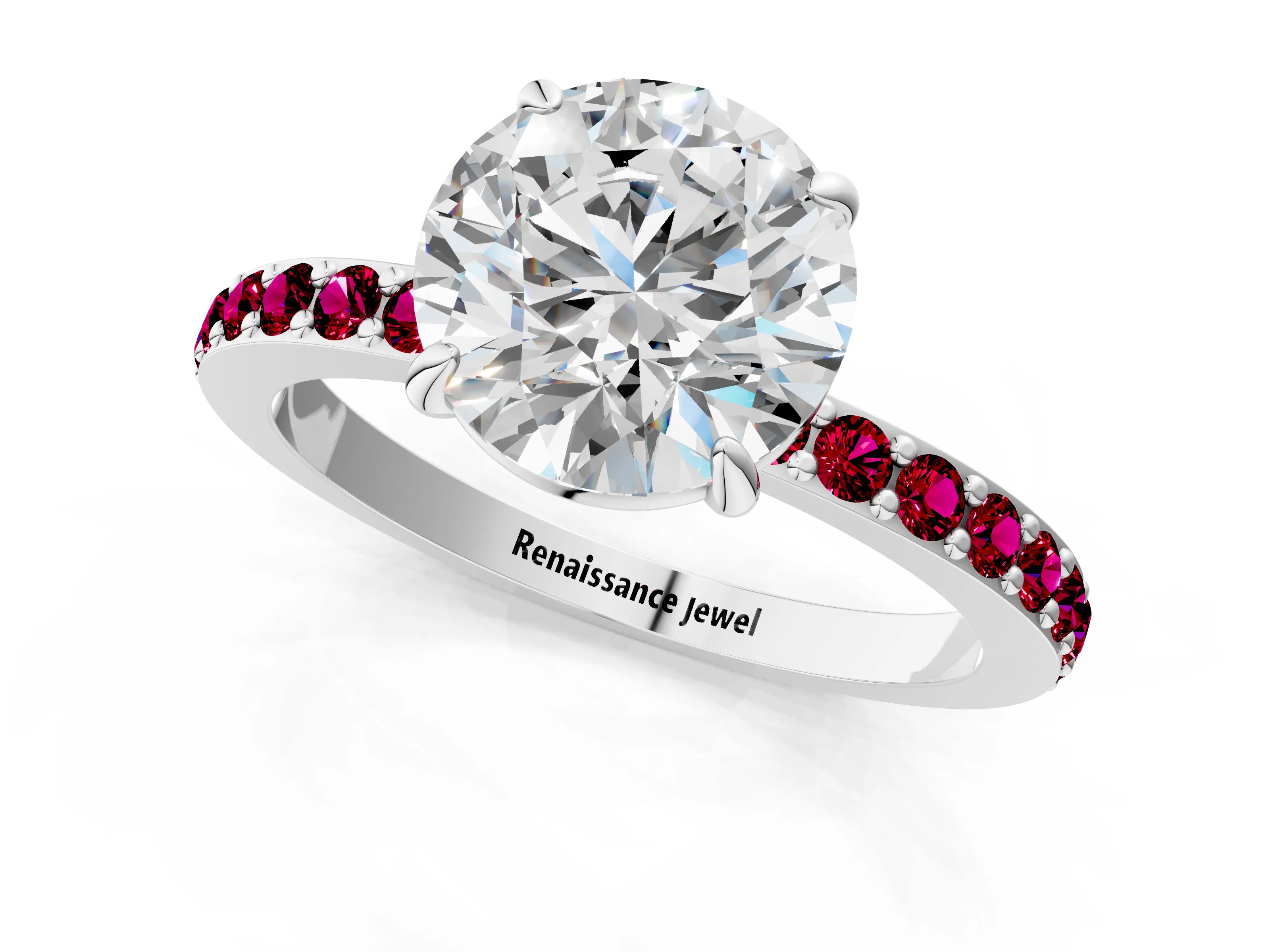 White gold Round Cut Diamond Pavé Engagement Ring with Round with Garnet side stone Accents and Prong Setting_49