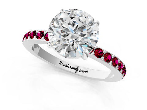 White gold Round Cut Diamond Pavé Engagement Ring with Round with Garnet side stone Accents and Prong Setting_49