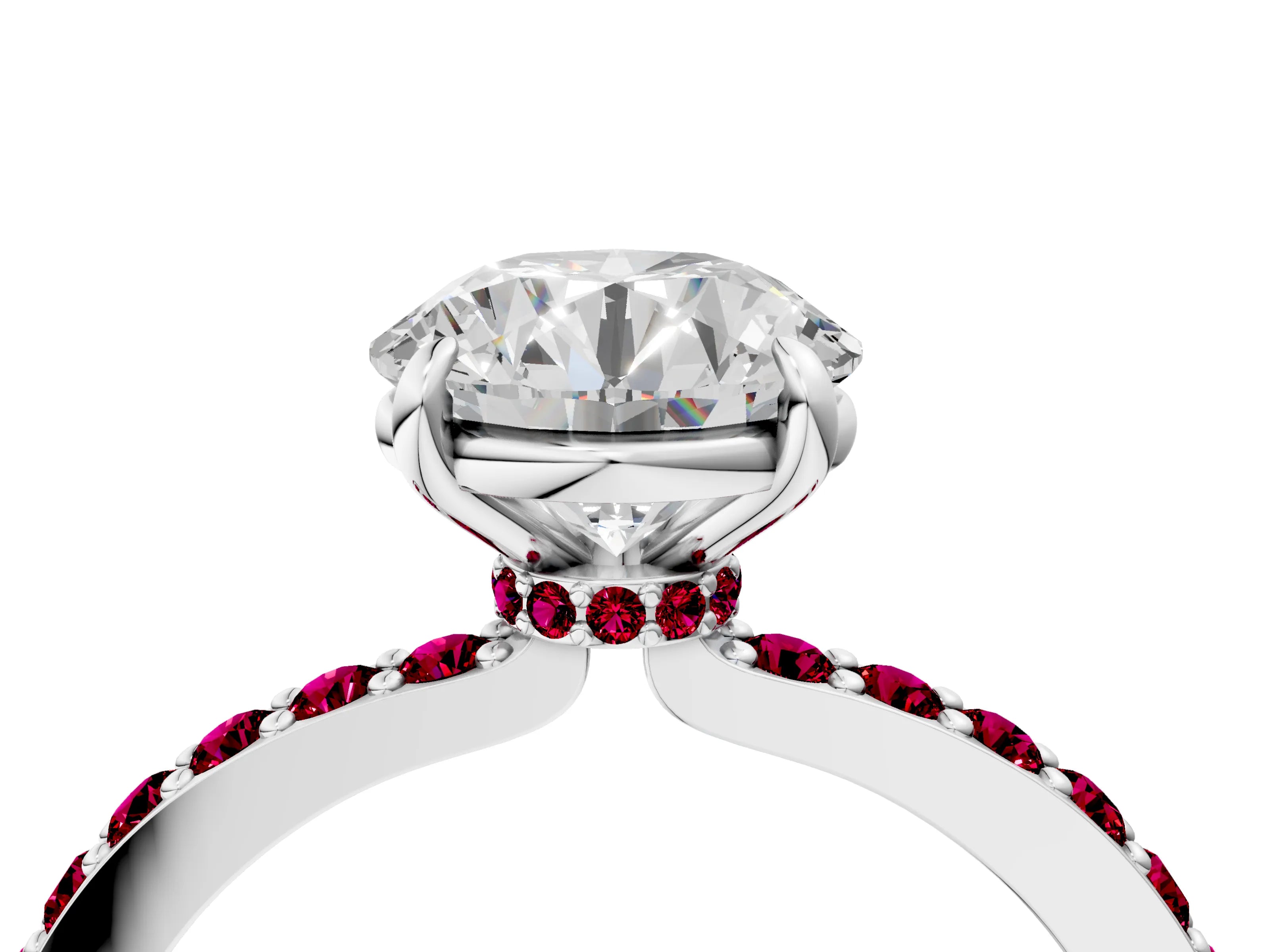 White gold Round Cut Diamond Pavé Engagement Ring with Round with Garnet side stone Accents and Prong Setting_4