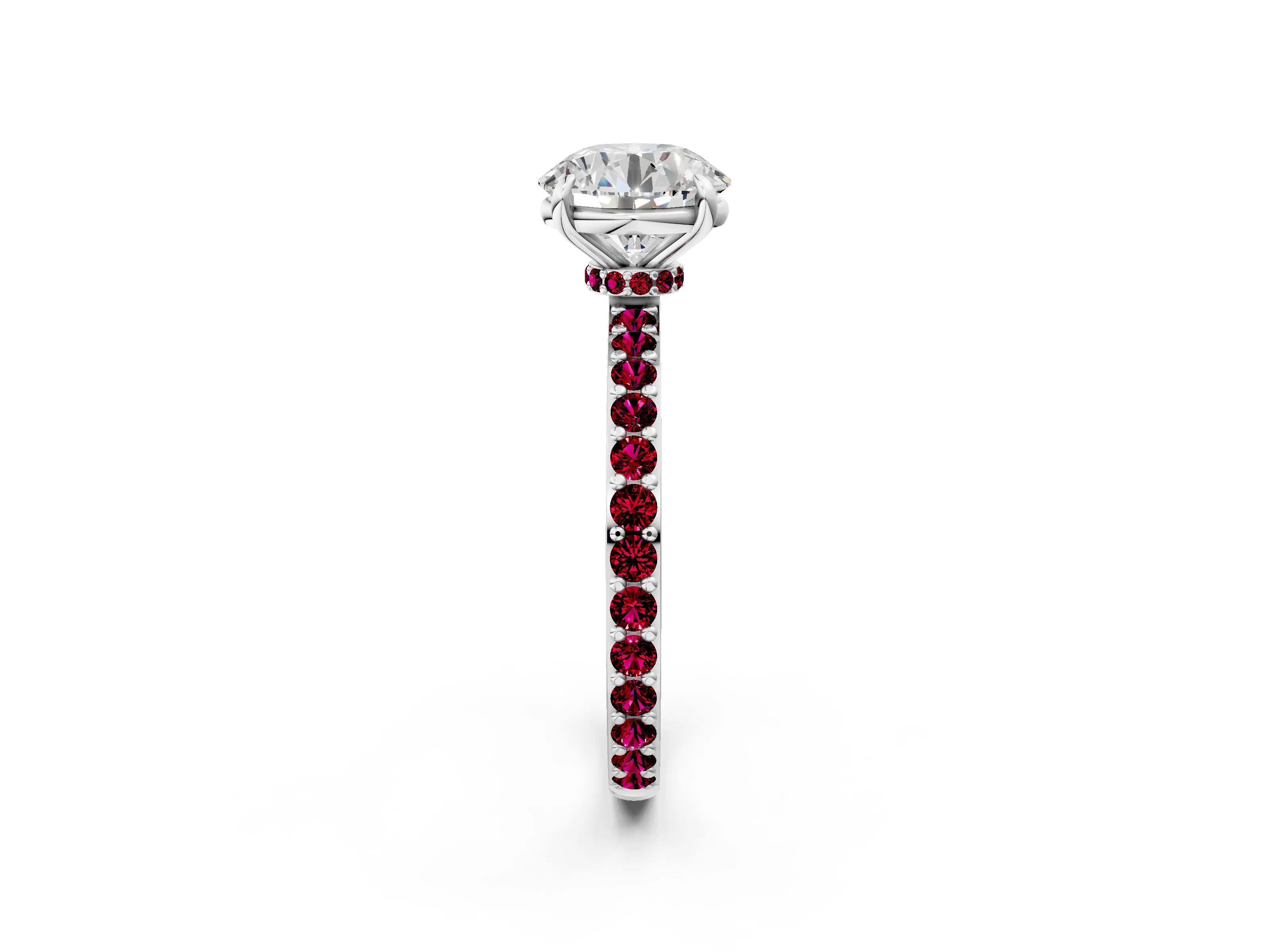 White gold Round Cut Diamond Pavé Engagement Ring with Round with Garnet side stone Accents and Prong Setting_50