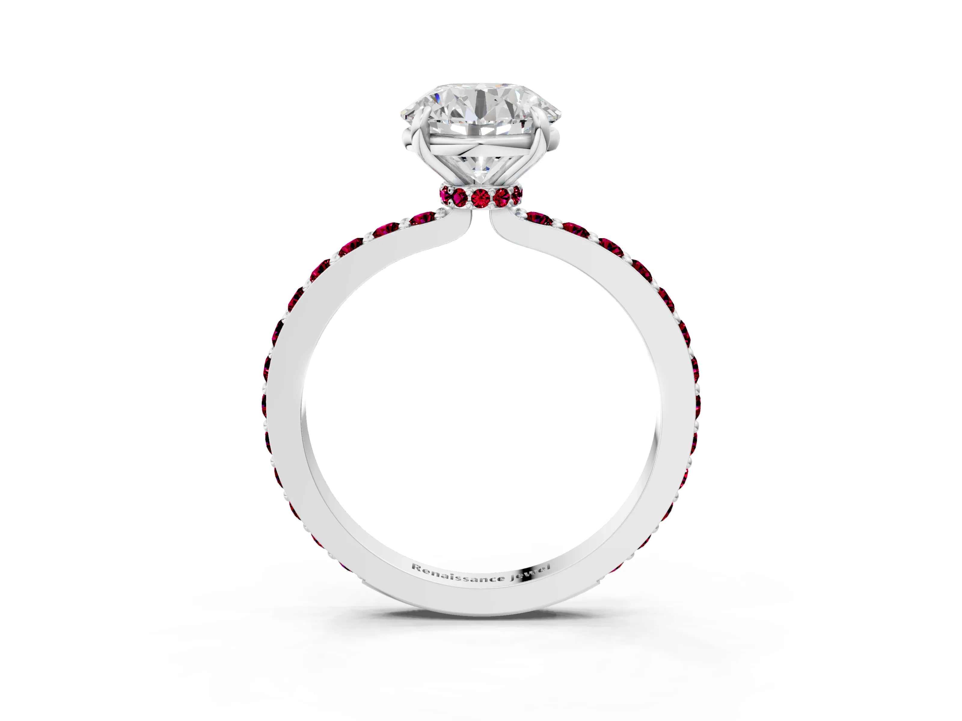 White gold Round Cut Diamond Pavé Engagement Ring with Round with Garnet side stone Accents and Prong Setting_51